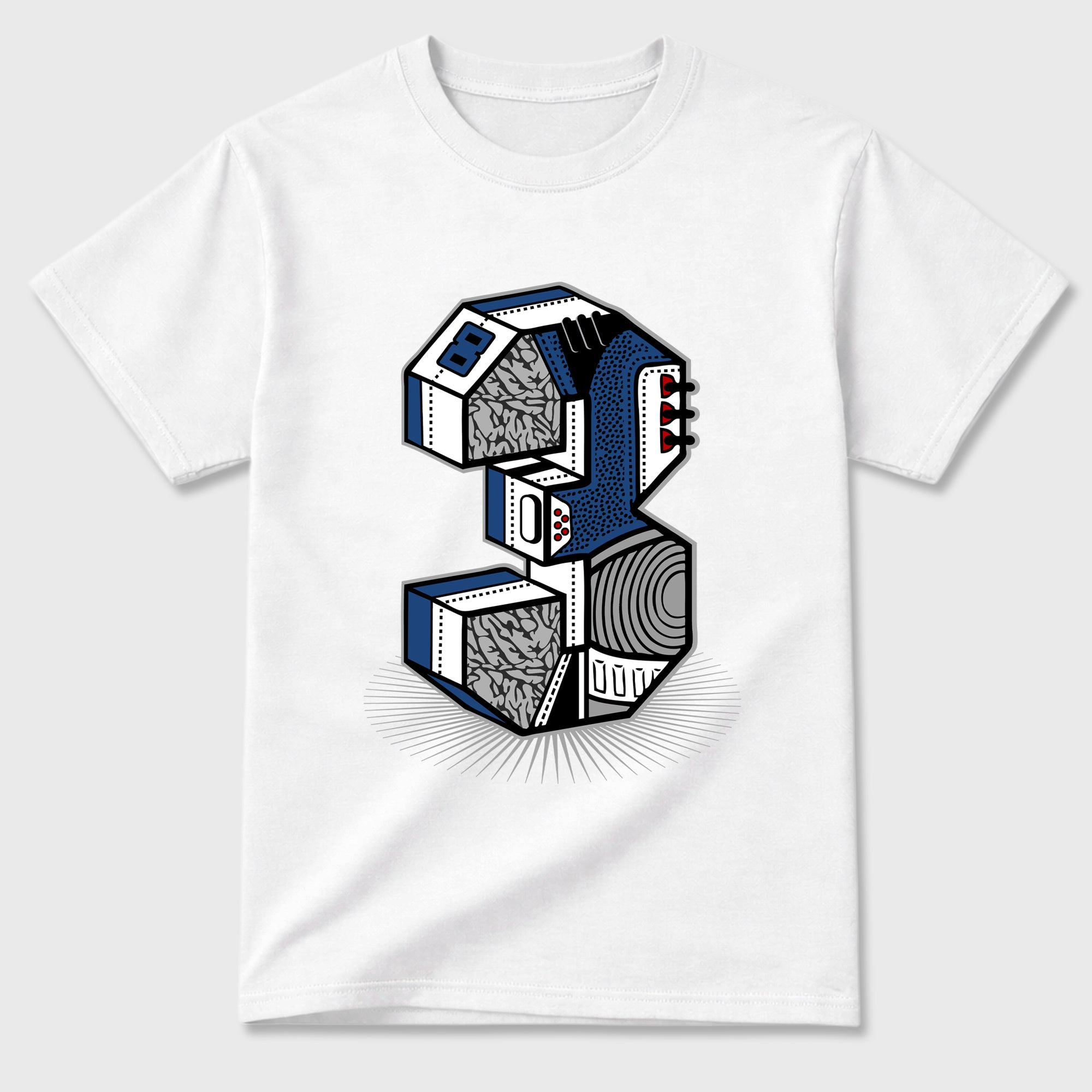 Number Statue Graphic T-Shirt featuring original streetwear artwork designed to match the Air Jordan 3 True Blue. White 2 Graphic T-Shirt.