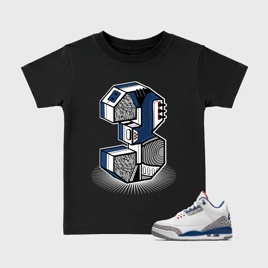 Number Statue Baby & Kids Graphic T-Shirt featuring original artwork designed to match the Air Jordan 3 True Blue. Black 1 Kids Graphic Tee.