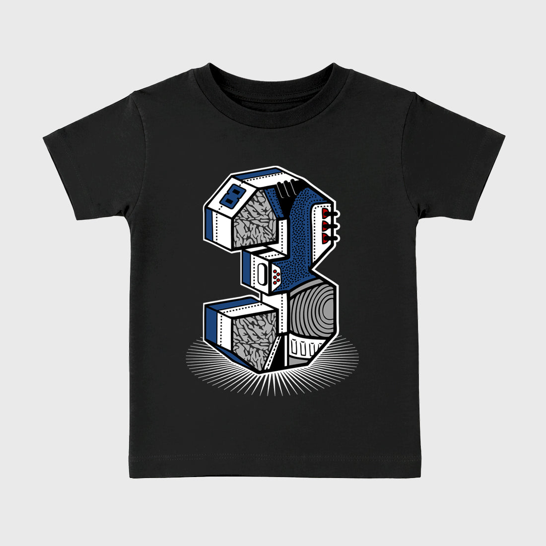 Number Statue Baby & Kids Graphic T-Shirt featuring original artwork designed to match the Air Jordan 3 True Blue. Black 2 Kids Graphic Tee.