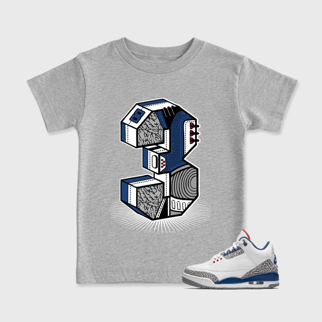 Number Statue Baby & Kids Graphic T-Shirt featuring original artwork designed to match the Air Jordan 3 True Blue. Heather Grey 1 Kids Graphic Tee.