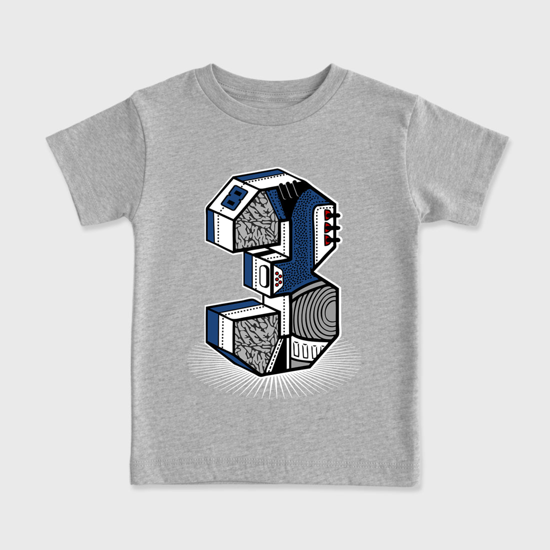 Number Statue Baby & Kids Graphic T-Shirt featuring original artwork designed to match the Air Jordan 3 True Blue. Heather Grey 2 Kids Graphic Tee.
