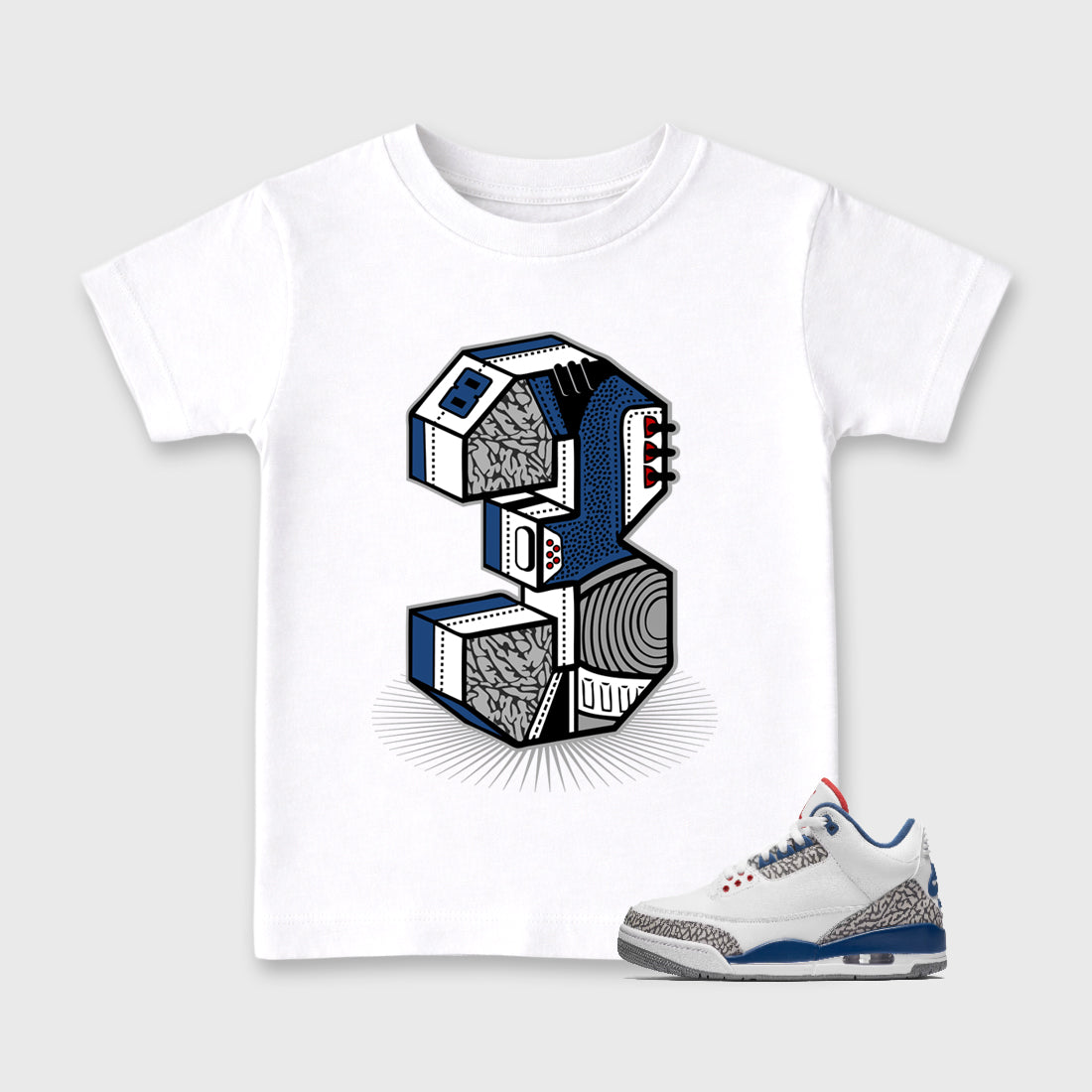 Number Statue Baby & Kids Graphic T-Shirt featuring original artwork designed to match the Air Jordan 3 True Blue. White 1 Kids Graphic Tee.
