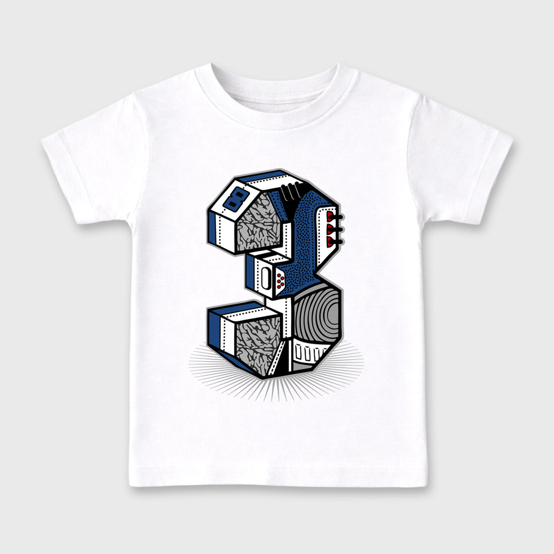 Number Statue Baby & Kids Graphic T-Shirt featuring original artwork designed to match the Air Jordan 3 True Blue. White 2 Kids Graphic Tee.
