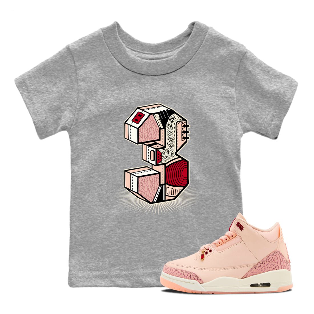 Air Jordan 3 Valentine's Day Graphic shirts Number Statue Valentine Gift shirts Air Jordan 3 Washed Coral best t-shirts to wear with jordans SNRT Sneaker Tees Youth Baby Heather Grey 1 tee