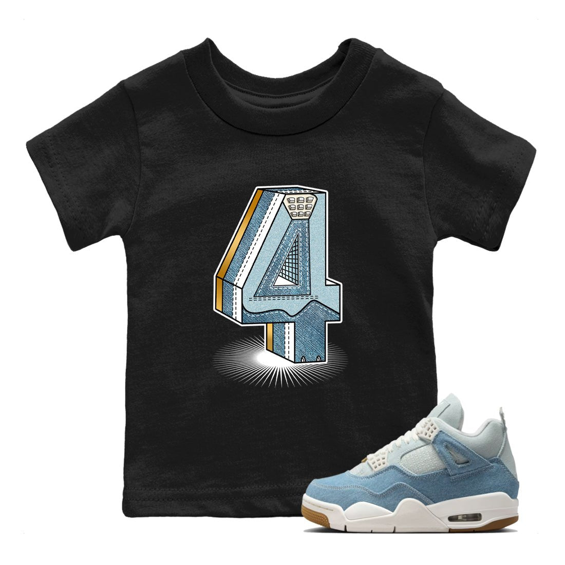 Sneaker match tees – Sneaker Tees To Match 4s Worn Blue Air Jordan 4 Denim Shoes – Number Statue Kids T-Shirt Black 1