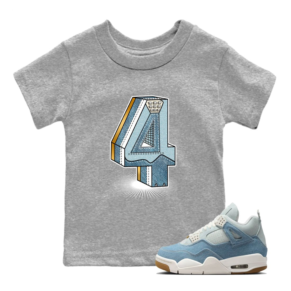 Sneaker match tees – Sneaker Tees To Match 4s Worn Blue Air Jordan 4 Denim Shoes – Number Statue Kids T-Shirt Heather Grey 1