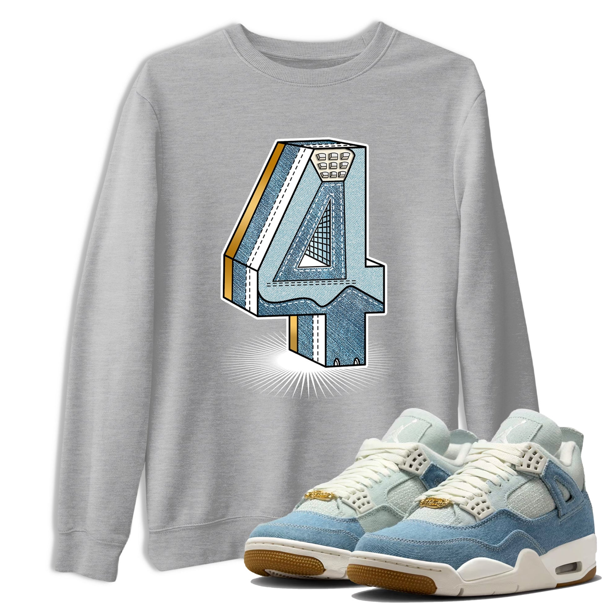 Sneaker match tees – Sneaker Tees To Match 4s Worn Blue Air Jordan 4 Denim Shoes – Number Statue Tee Heather Grey 1