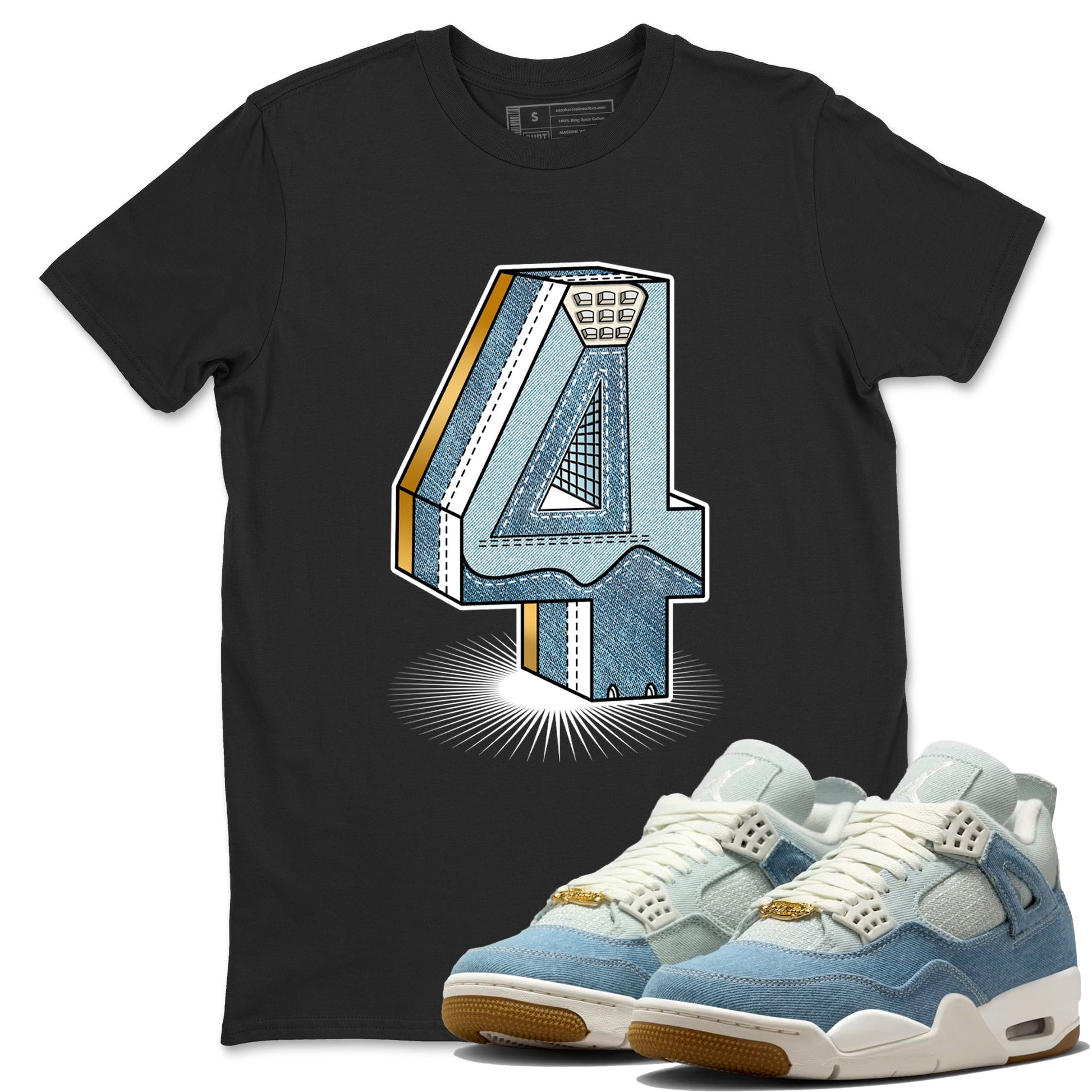 Sneaker match tees – Sneaker Tees To Match 4s Worn Blue Air Jordan 4 Denim Shoes – Number Statue Tee Black 1