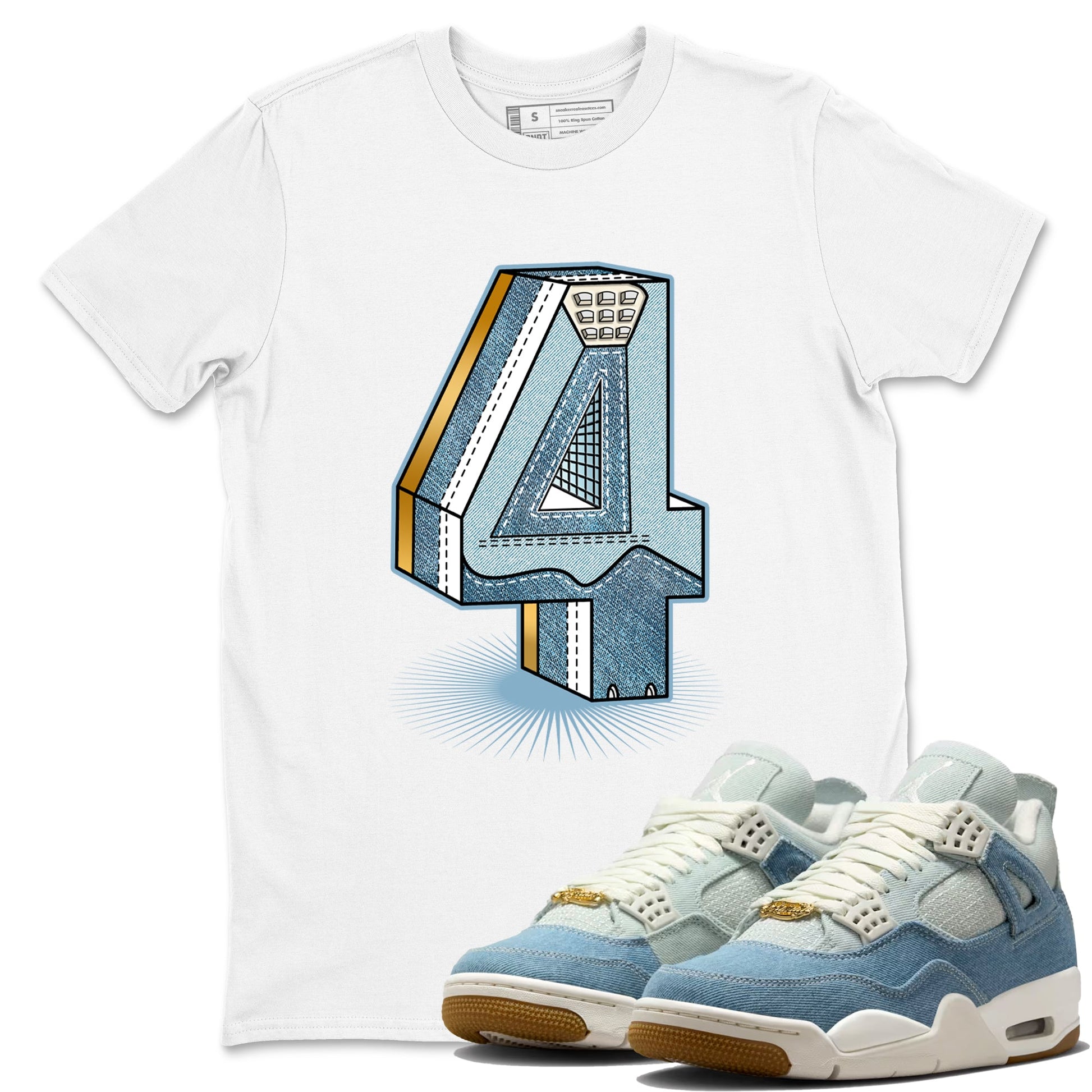 Sneaker match tees – Sneaker Tees To Match 4s Worn Blue Air Jordan 4 Denim Shoes – Number Statue Tee White 1