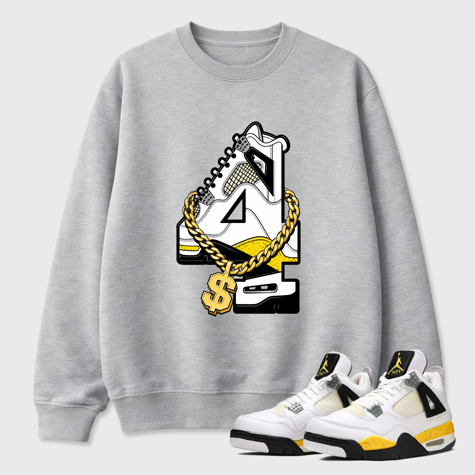 Number Statue Graphic T-Shirt featuring original streetwear artwork designed to match the Air Jordan 4 Tour Yellow. Heather Grey 1 Graphic Tee.
