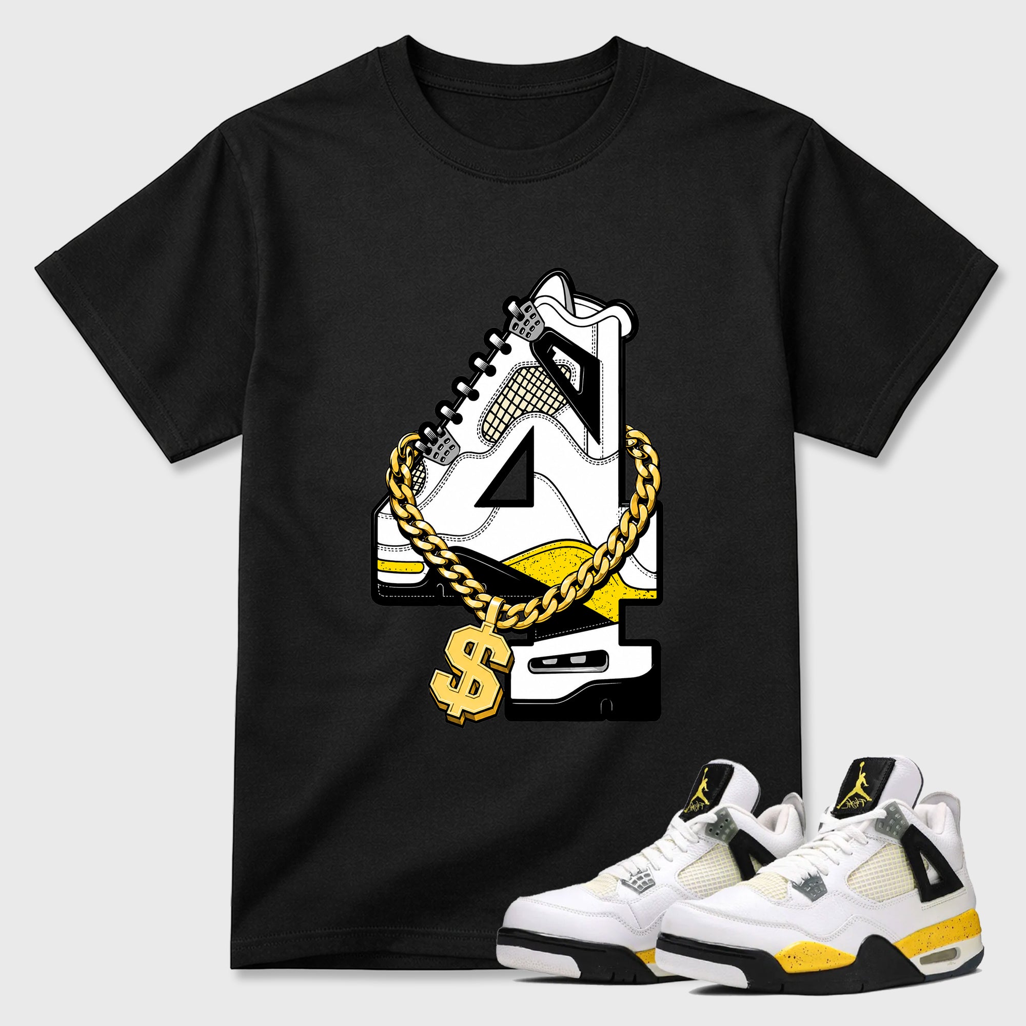 Number Statue Graphic T-Shirt featuring original streetwear artwork designed to match the Air Jordan 4 Tour Yellow. Black 1 Graphic T-Shirt.