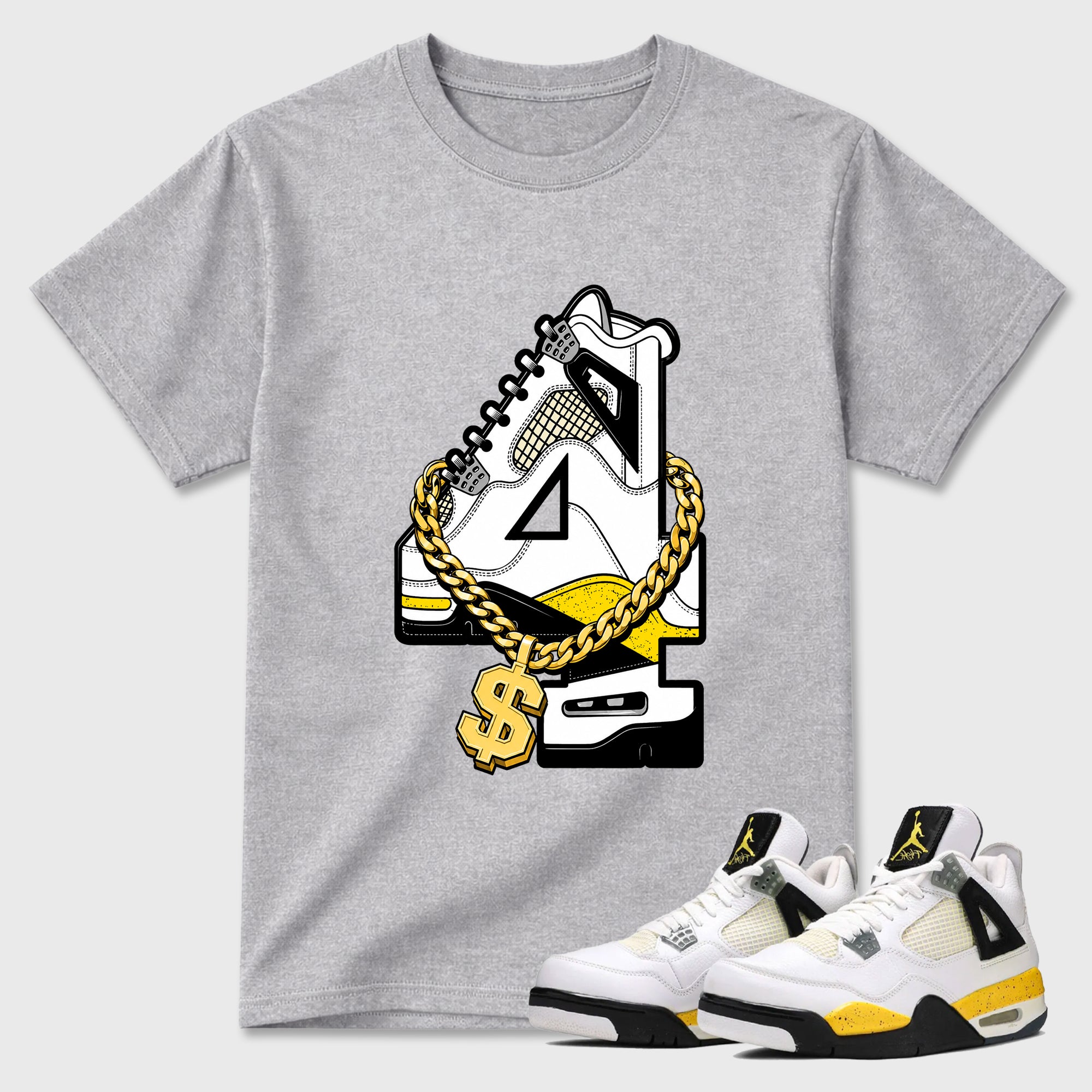 Number Statue Graphic T-Shirt featuring original streetwear artwork designed to match the Air Jordan 4 Tour Yellow. Heather Grey 1 Graphic T-Shirt.
