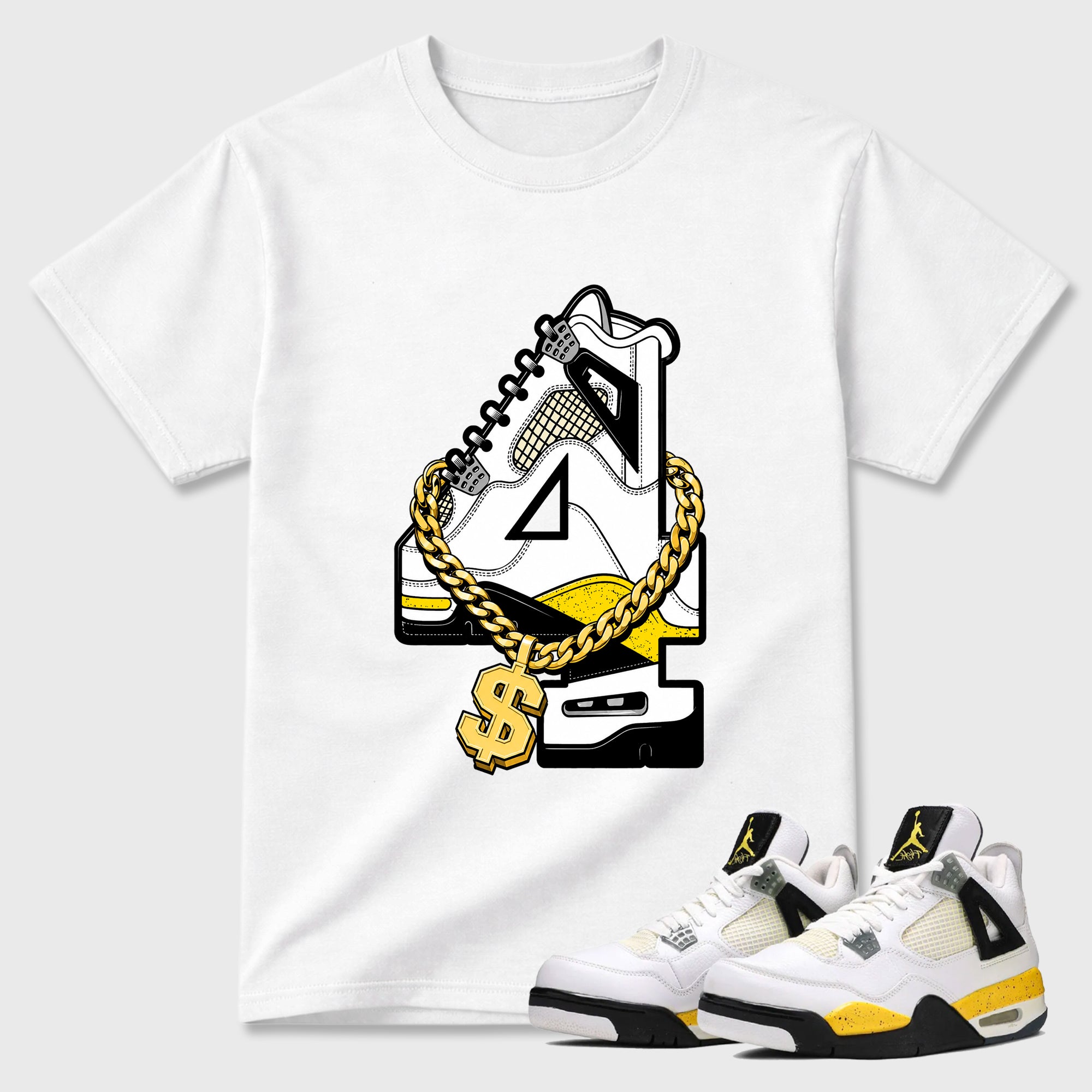 Number Statue Graphic T-Shirt featuring original streetwear artwork designed to match the Air Jordan 4 Tour Yellow. White 1 Graphic T-Shirt.