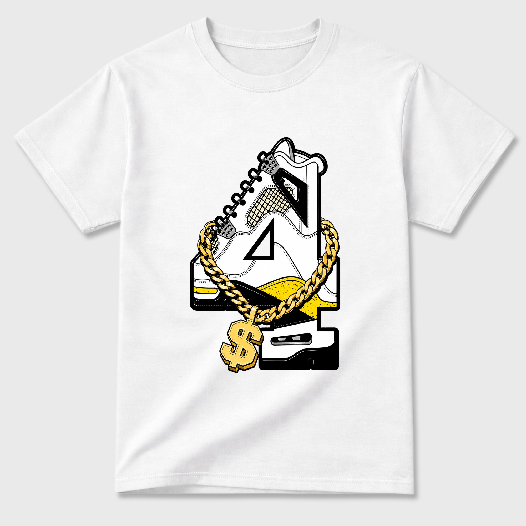 Number Statue Graphic T-Shirt featuring original streetwear artwork designed to match the Air Jordan 4 Tour Yellow. White 2 Graphic T-Shirt.