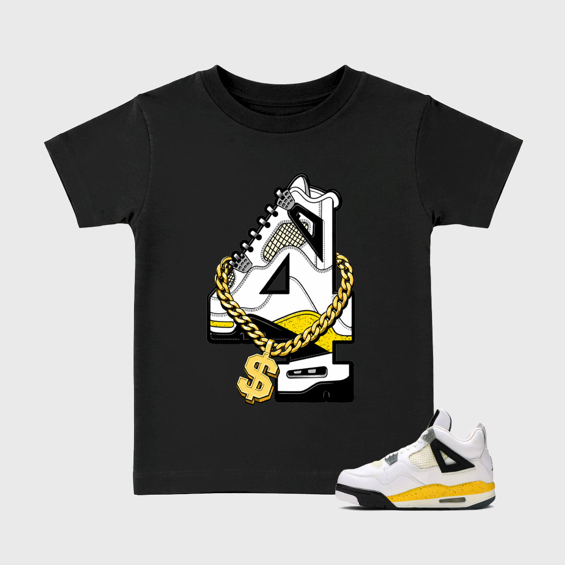 Number Statue Baby & Kids Graphic T-Shirt featuring original artwork designed to match the Air Jordan 4 Tour Yellow. Black 1 Kids Graphic Tee.