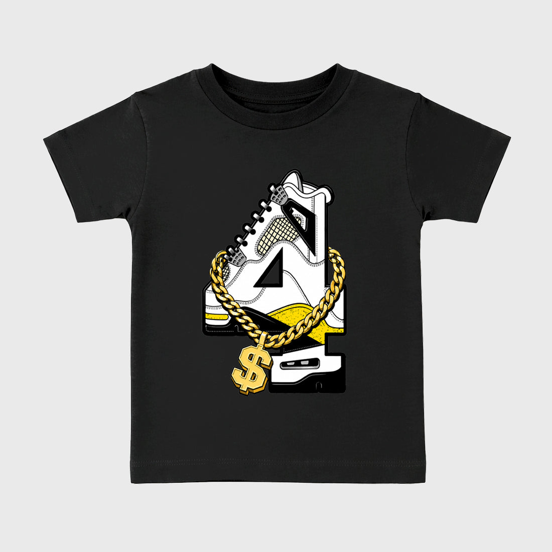 Number Statue Baby & Kids Graphic T-Shirt featuring original artwork designed to match the Air Jordan 4 Tour Yellow. Black 2 Kids Graphic Tee.