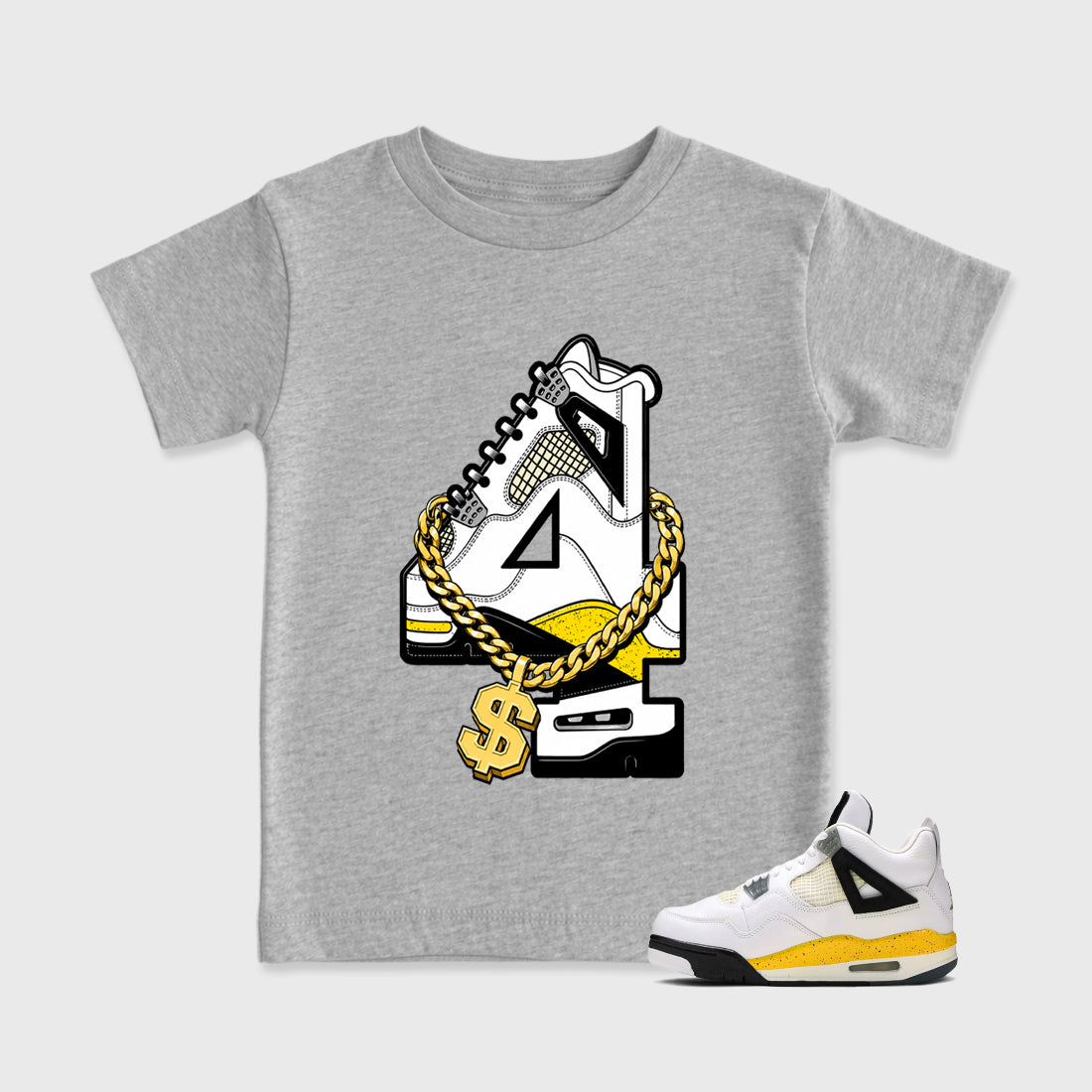 Number Statue Baby & Kids Graphic T-Shirt featuring original artwork designed to match the Air Jordan 4 Tour Yellow. Heather Grey 1 Kids Graphic Tee.