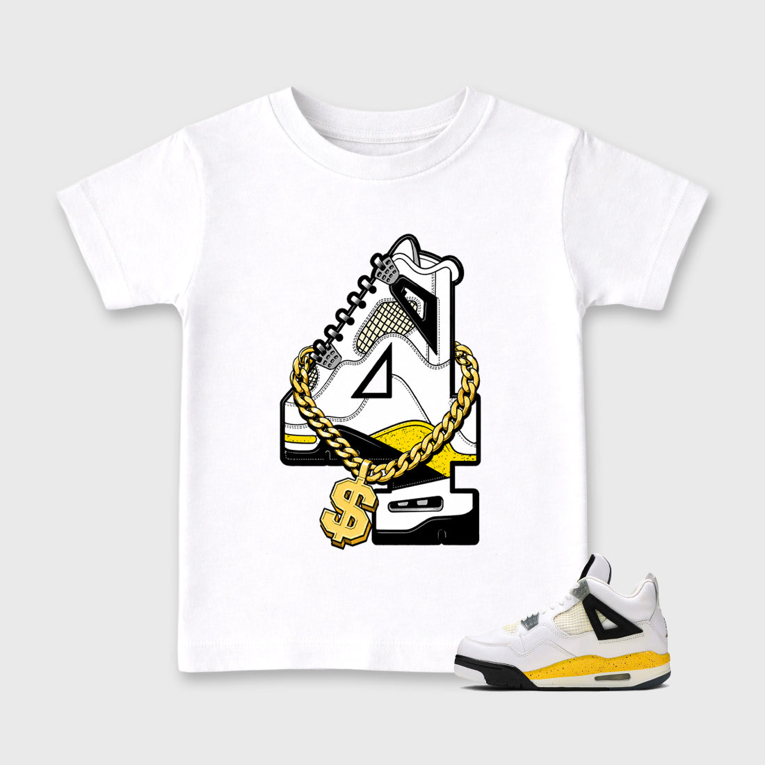 Number Statue Baby & Kids Graphic T-Shirt featuring original artwork designed to match the Air Jordan 4 Tour Yellow. White 1 Kids Graphic Tee.