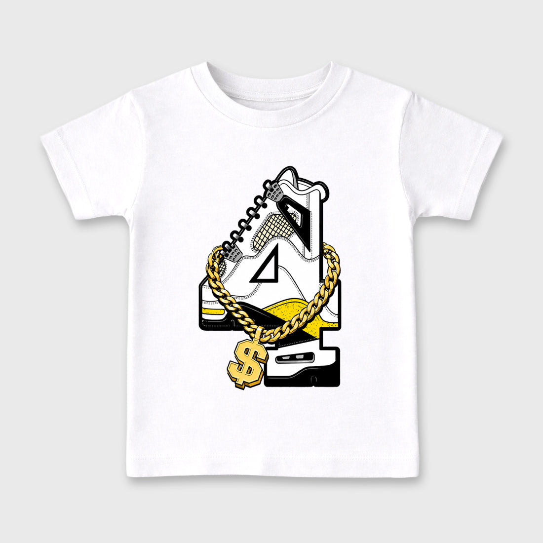 Number Statue Baby & Kids Graphic T-Shirt featuring original artwork designed to match the Air Jordan 4 Tour Yellow. White 2 Kids Graphic Tee.
