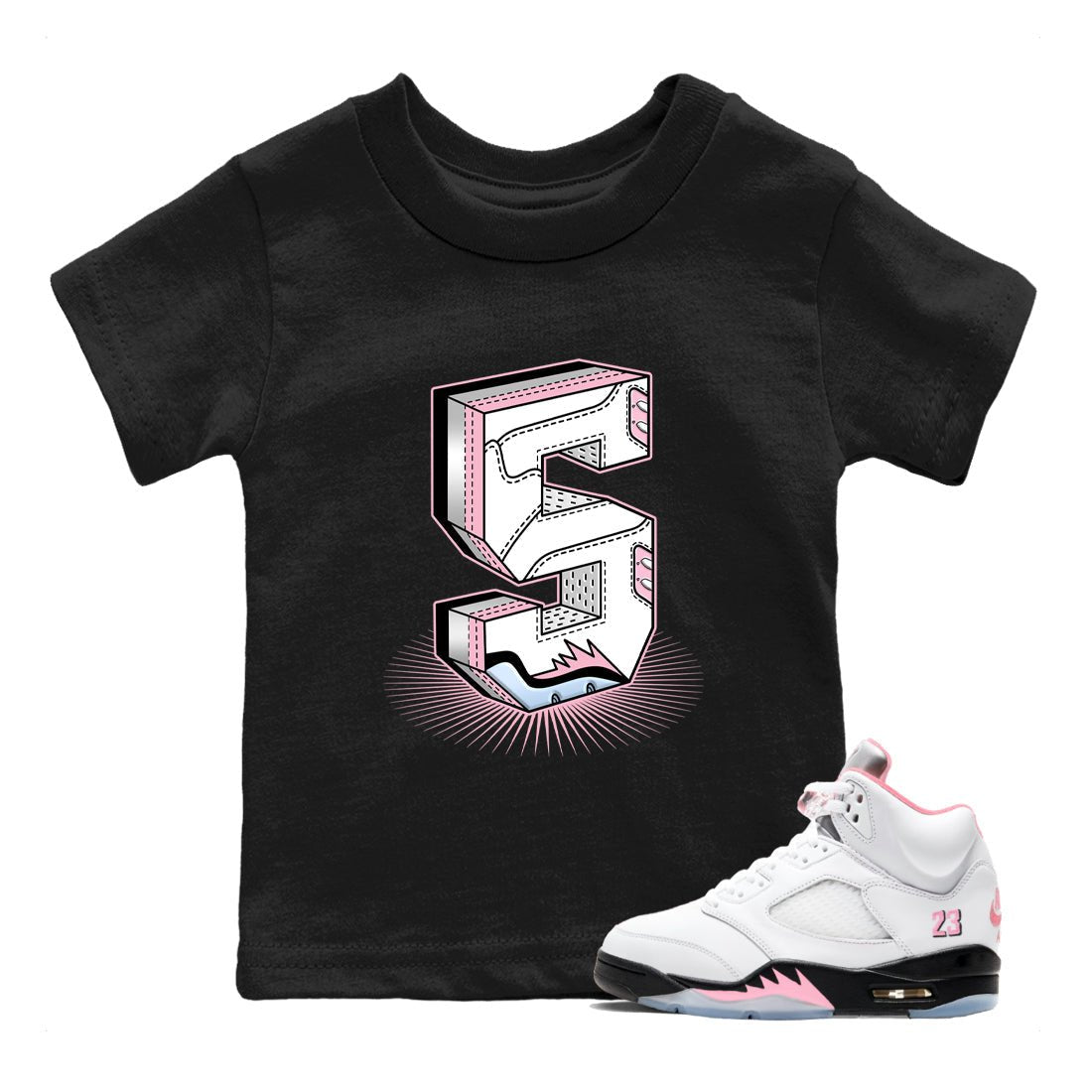 Number Statue baby and kids t-shirt crafted for little sneakerheads to shine with the Air Jordan 5 35th Anniversary sneakers, displayed in Black 1.
