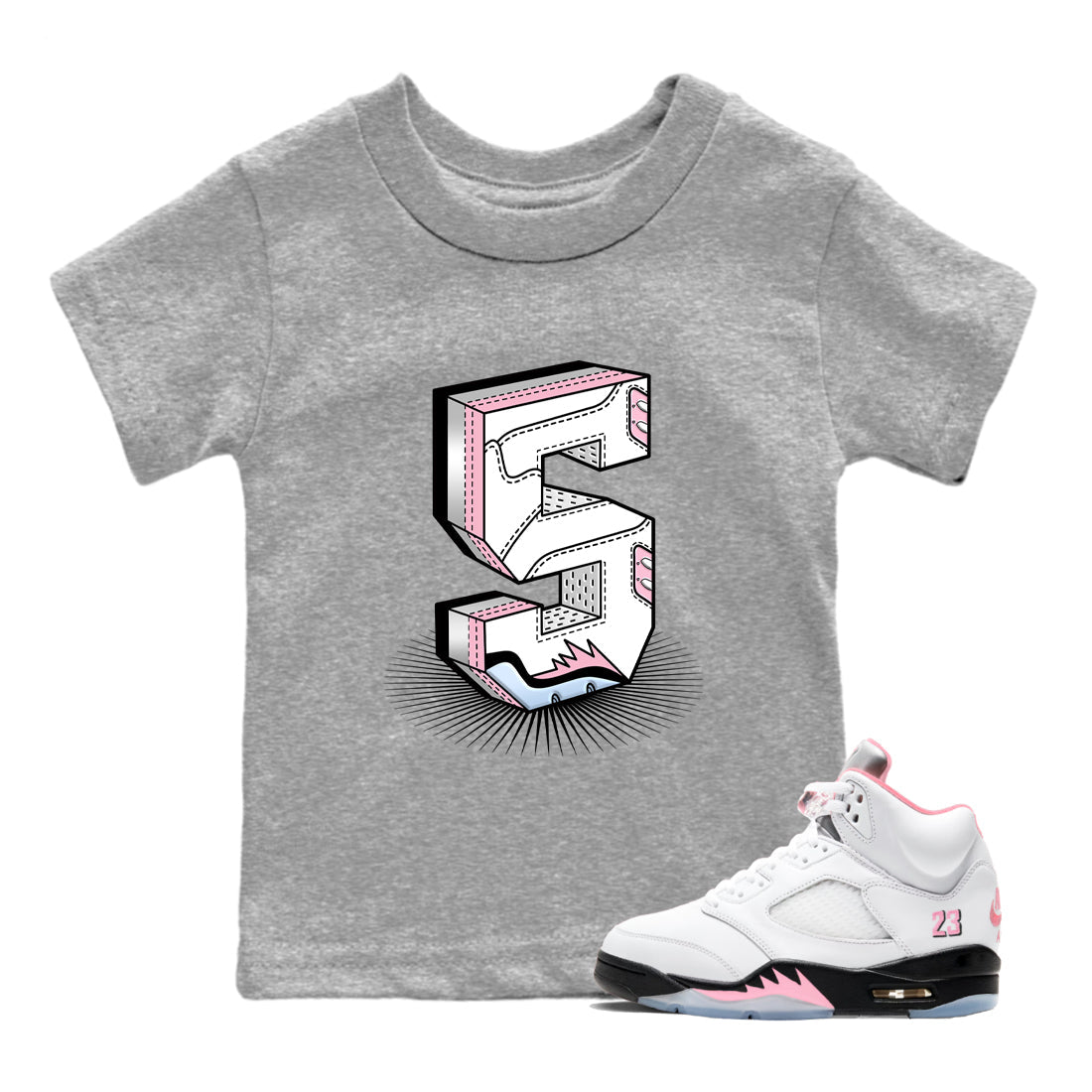 Number Statue baby and kids t-shirt crafted for little sneakerheads to shine with the Air Jordan 5 35th Anniversary sneakers, displayed in Heather Grey 1.