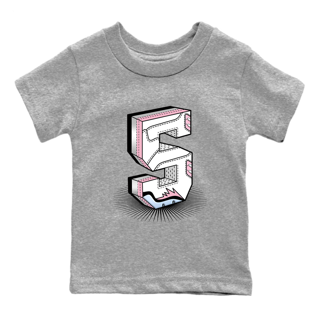 Number Statue baby and kids t-shirt crafted for little sneakerheads to shine with the Air Jordan 5 35th Anniversary sneakers, displayed in Heather Grey 2.