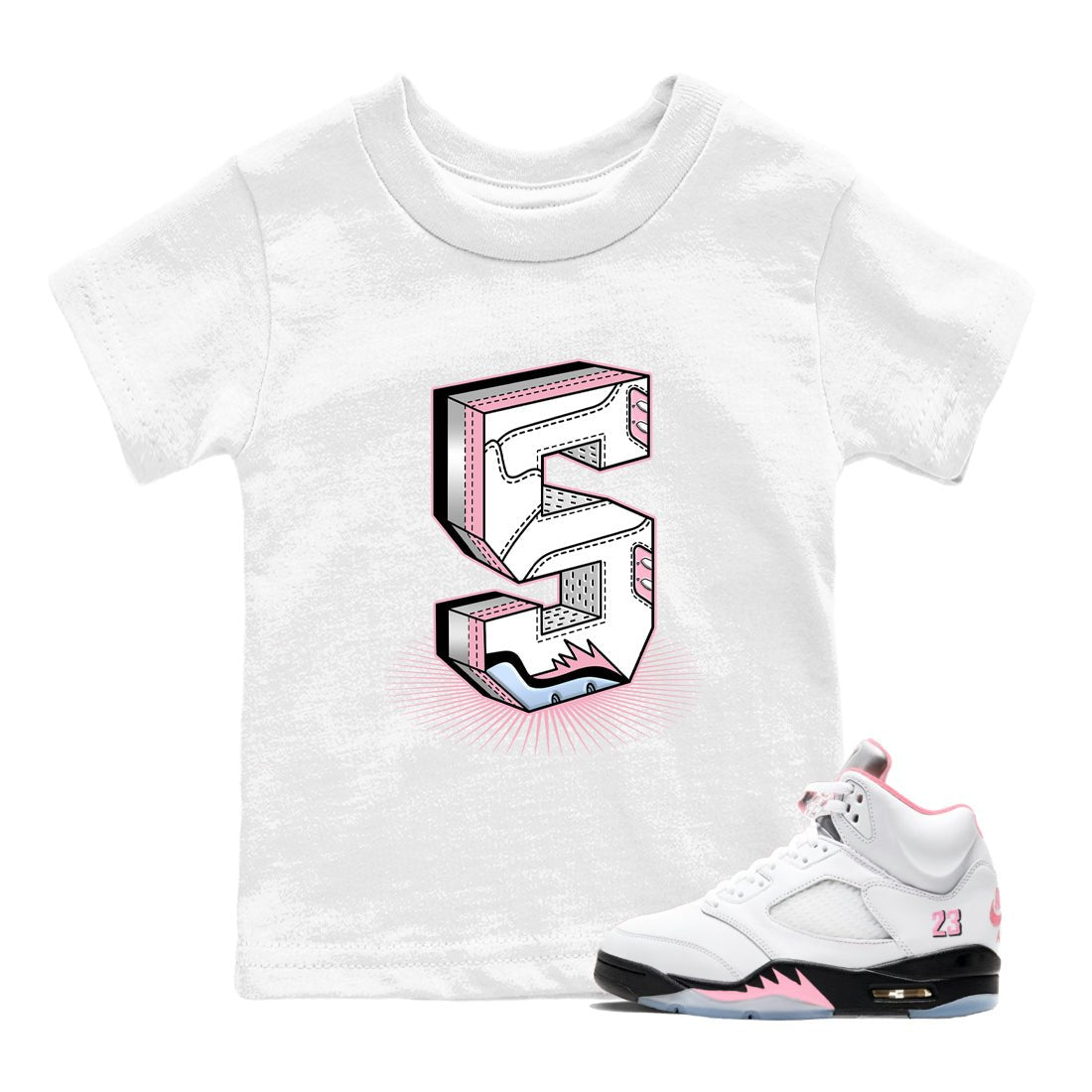 Number Statue baby and kids t-shirt crafted for little sneakerheads to shine with the Air Jordan 5 35th Anniversary sneakers, displayed in White 1.