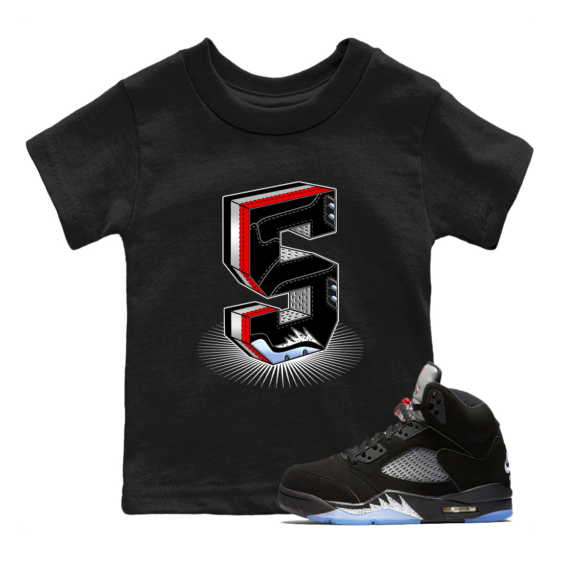 5s Black Metallic Reimagined Graphic shirts Number Statue shirts 5s Reimagined best t-shirts to wear with jordans SNRT Sneaker Tees Youth Baby Black 1 tee
