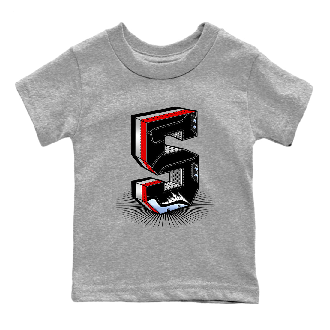 5s Black Metallic Reimagined Graphic shirts Number Statue shirts 5s Reimagined best t-shirts to wear with jordans SNRT Sneaker Tees Youth Baby Heather Grey 2 tee