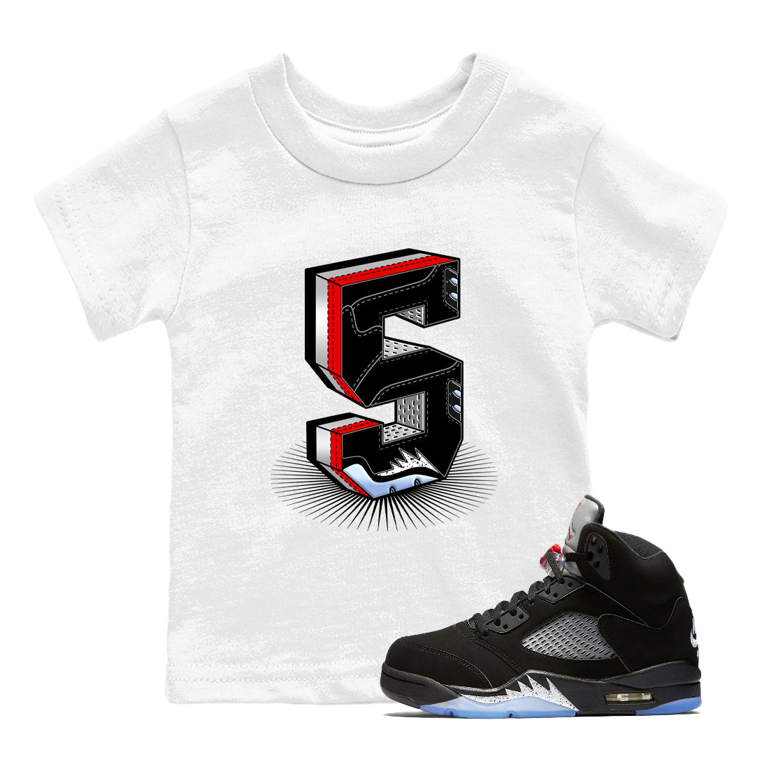 5s Black Metallic Reimagined Graphic shirts Number Statue shirts 5s Reimagined best t-shirts to wear with jordans SNRT Sneaker Tees Youth Baby White 1 tee