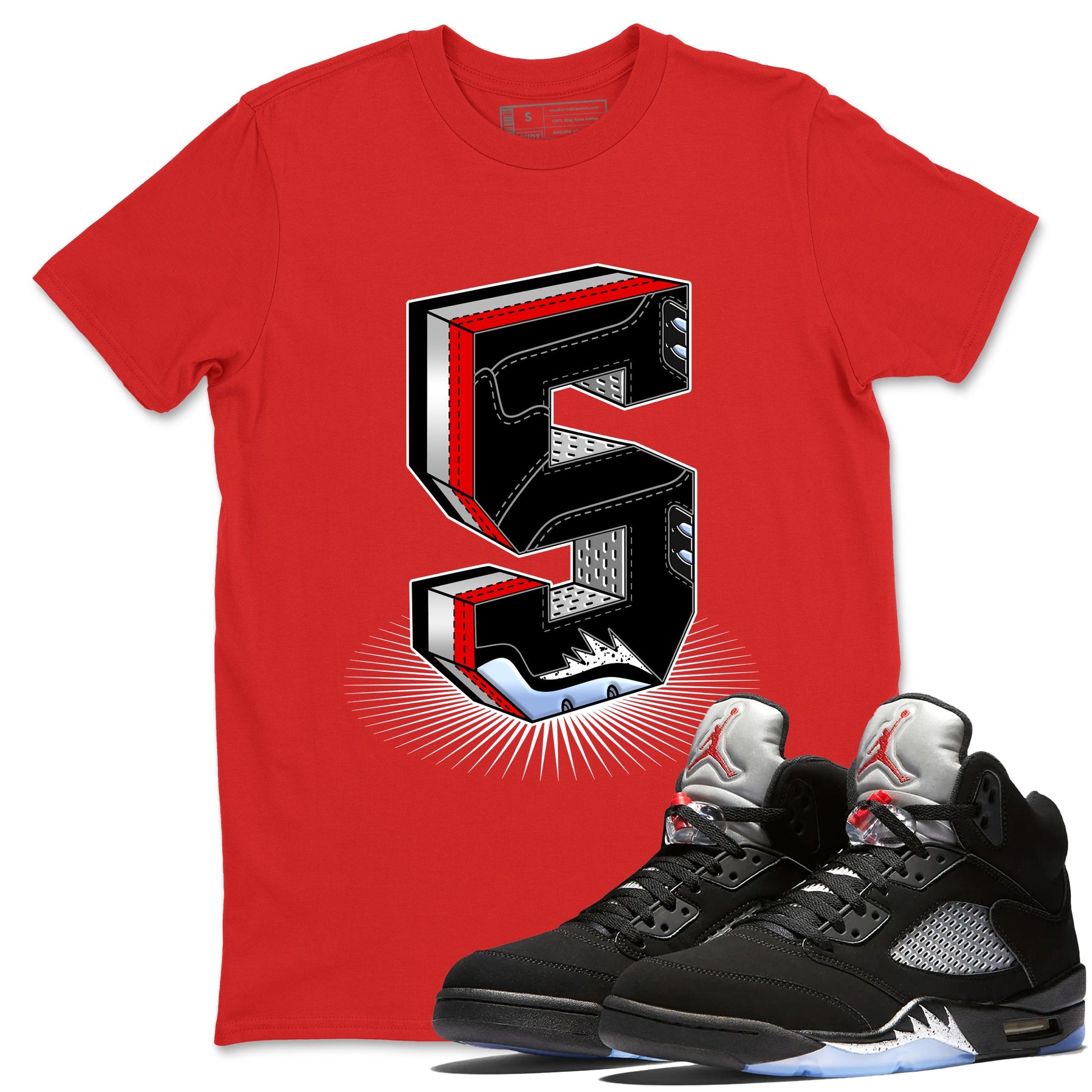 5s Black Metallic Reimagined Graphic shirts Number Statue shirts 5s Reimagined best t-shirts to wear with jordans SNRT Sneaker Tees unisex cotton Red 1 shirts