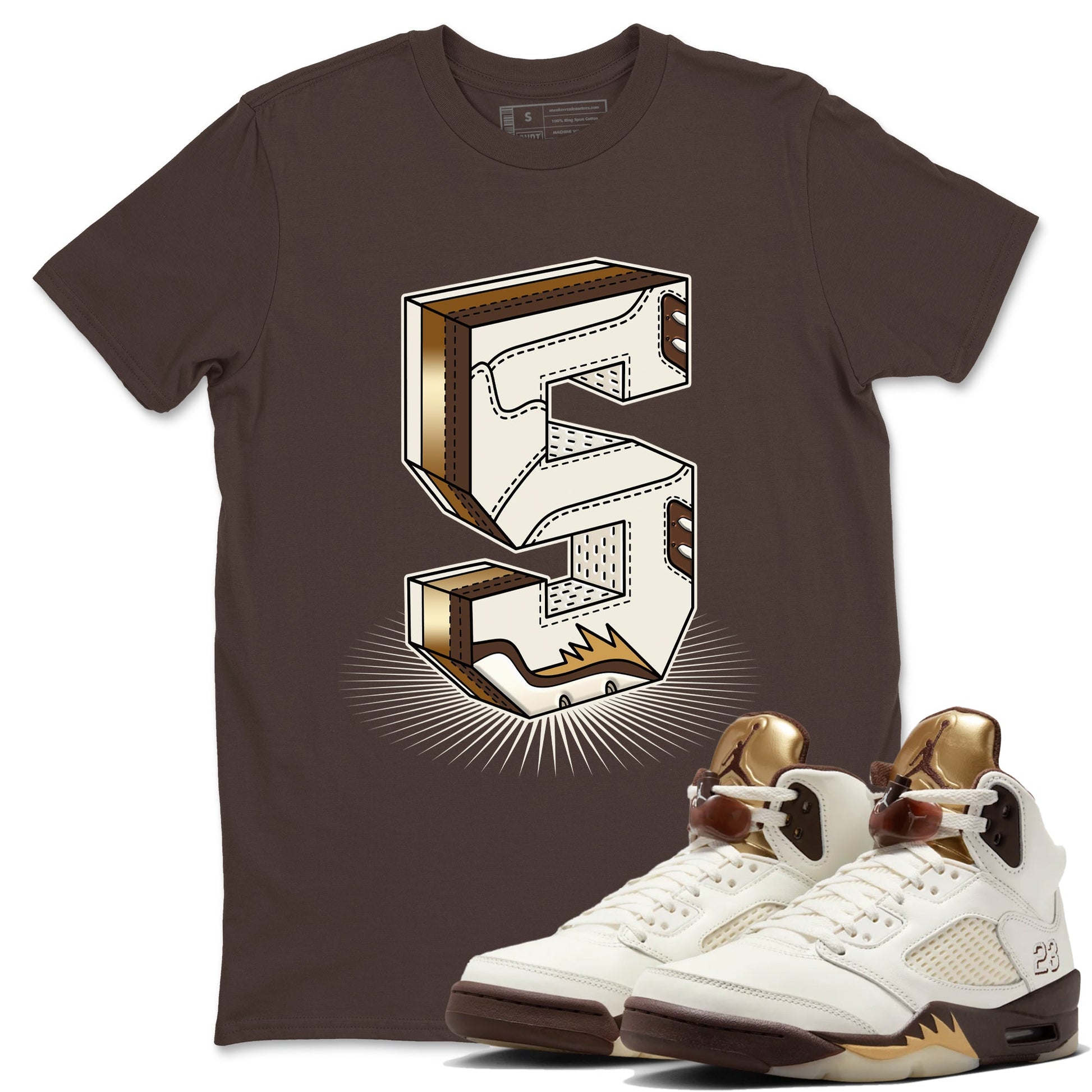 5s Golden Ticket shirts to match jordans Number Statue best t shirts to wear with jordans AJ 5 Retro Golden Ticket match shoes to clothes SNRT Sneaker Tees unisex cotton Dark Chocolate 1 shirts