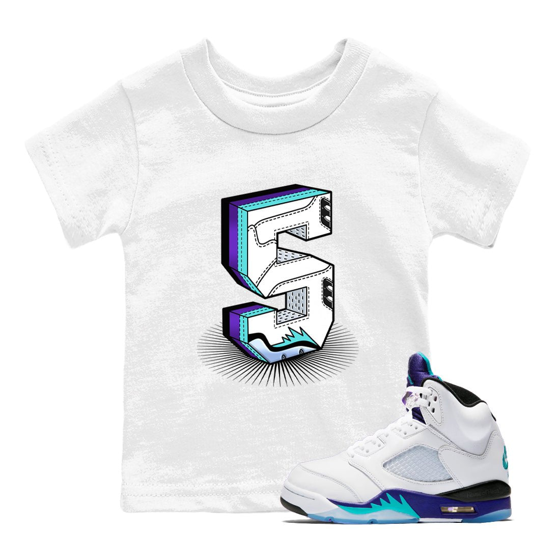 Air Jordan 5 Grape Graphic shirts Number Statue shirts 5 Retro Grape best t-shirts to wear with jordans SNRT Sneaker Tees Youth Baby White 1 tee