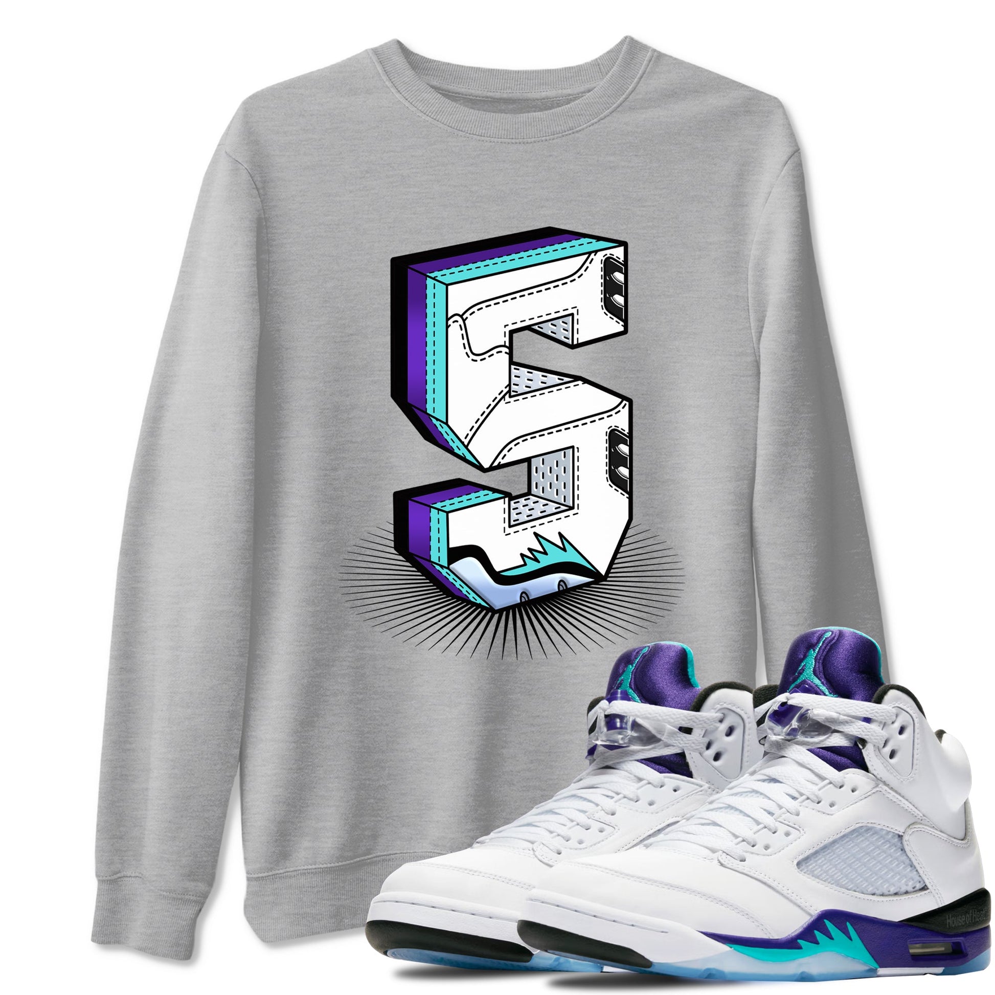 Air Jordan 5 Grape Graphic shirts Number Statue shirts 5 Retro Grape best t-shirts to wear with jordans SNRT Sneaker Tees unisex cotton Heather Grey 1 shirts