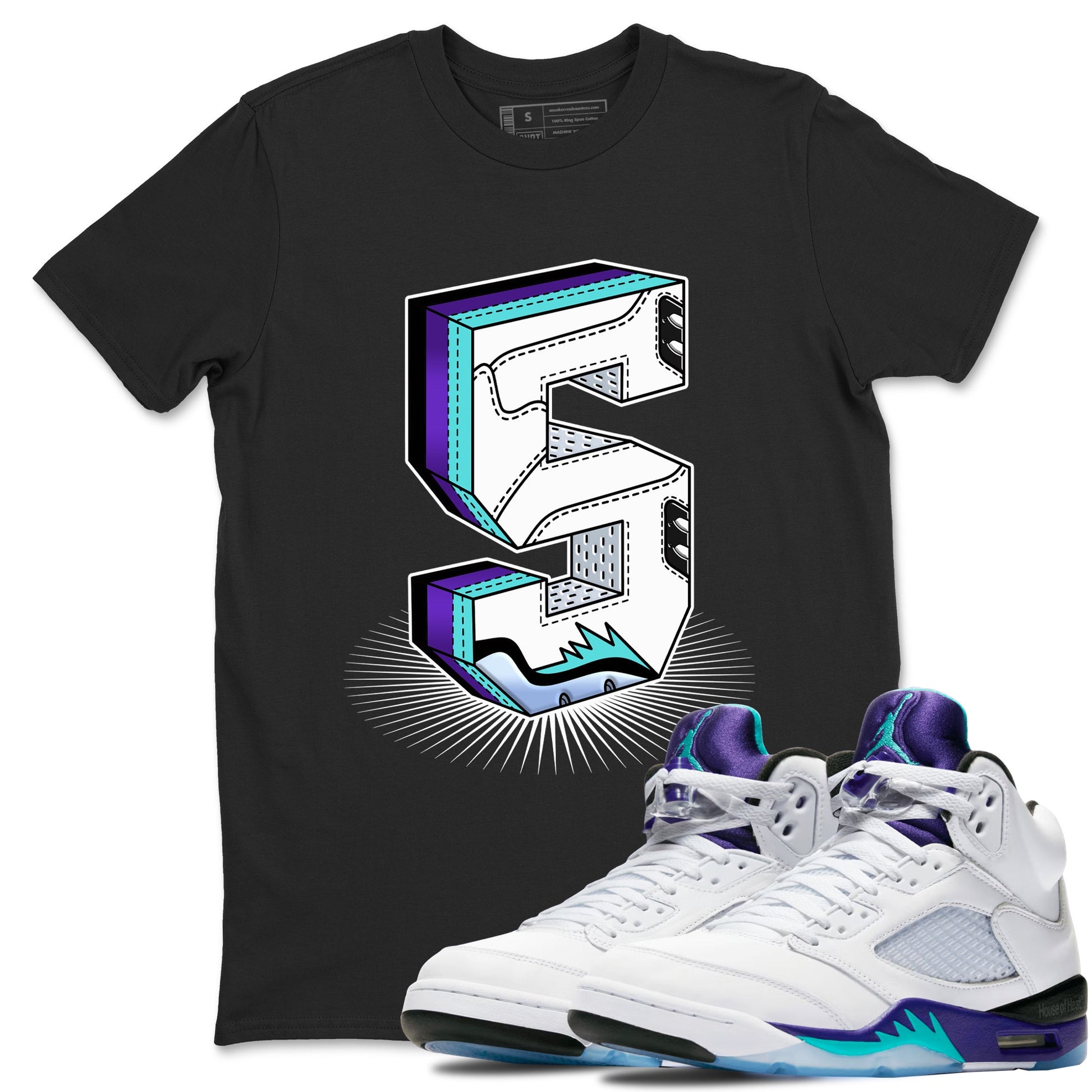 Air Jordan 5 Grape Graphic shirts Number Statue shirts 5 Retro Grape best t-shirts to wear with jordans SNRT Sneaker Tees unisex cotton Black 1 shirts