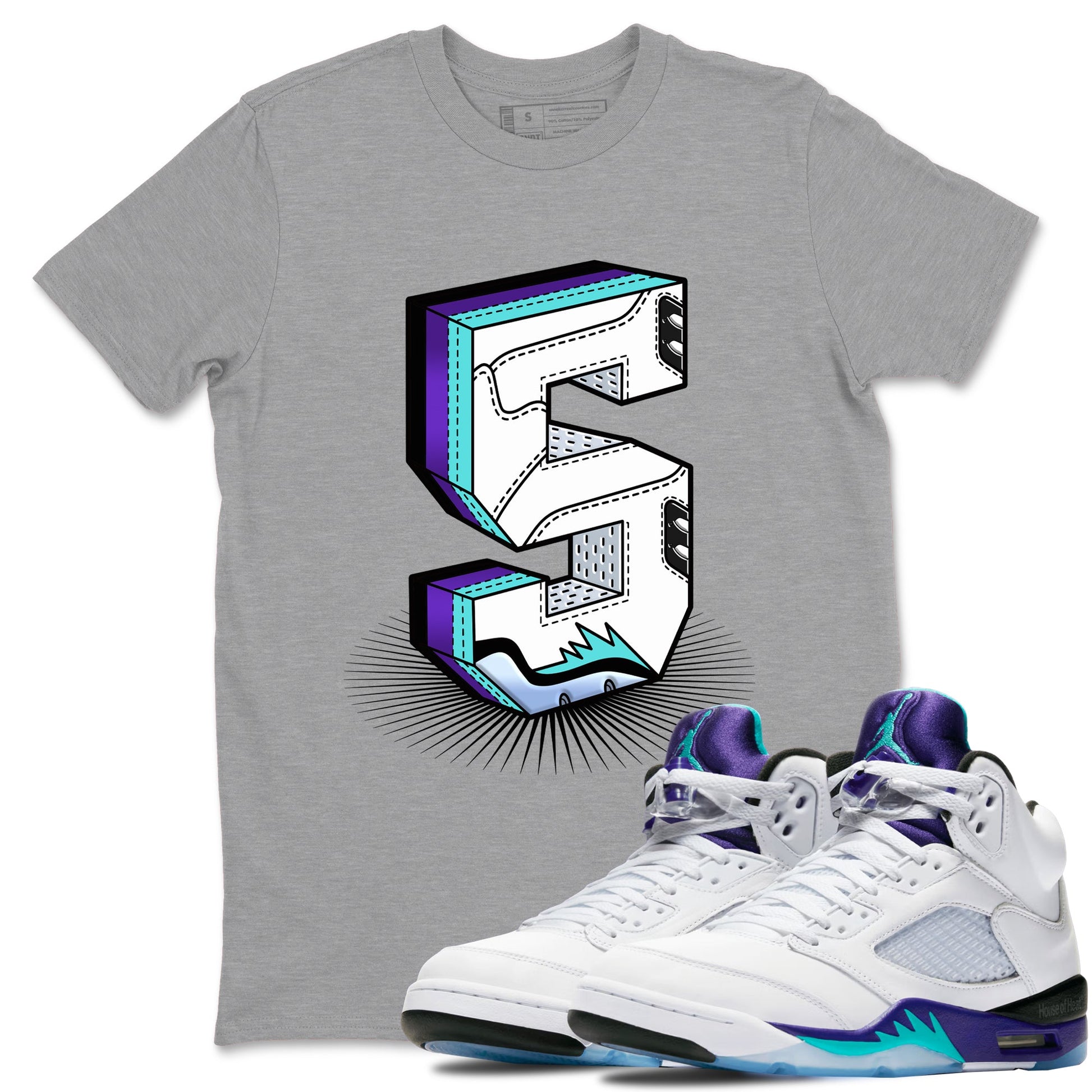 Air Jordan 5 Grape Graphic shirts Number Statue shirts 5 Retro Grape best t-shirts to wear with jordans SNRT Sneaker Tees unisex cotton Heather Grey 1 shirts