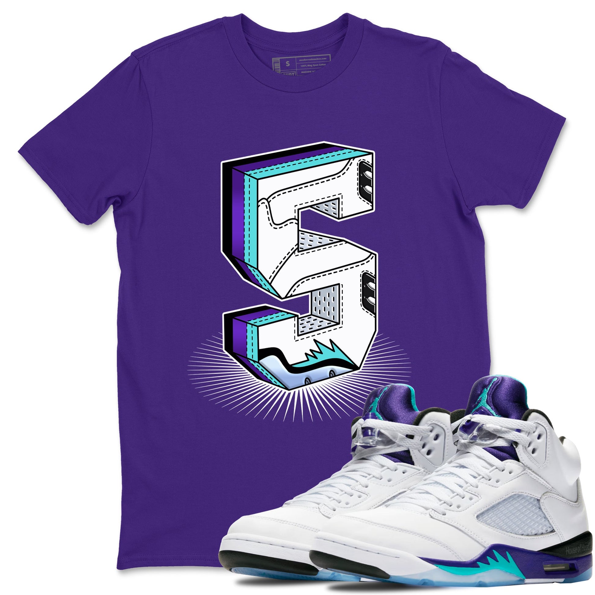 Air Jordan 5 Grape Graphic shirts Number Statue shirts 5 Retro Grape best t-shirts to wear with jordans SNRT Sneaker Tees unisex cotton Purple 1 shirts