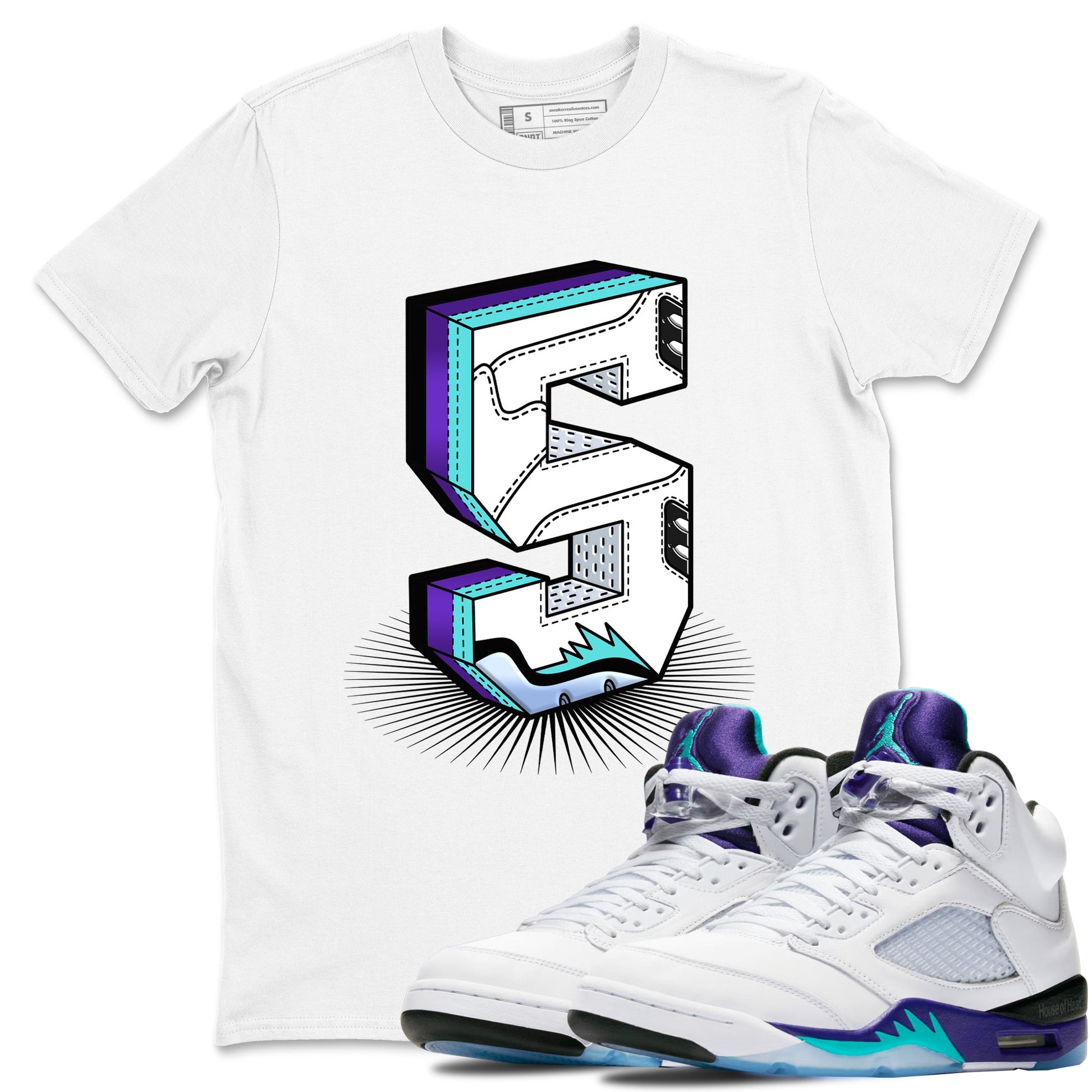 Air Jordan 5 Grape Graphic shirts Number Statue shirts 5 Retro Grape best t-shirts to wear with jordans SNRT Sneaker Tees unisex cotton White 1 shirts