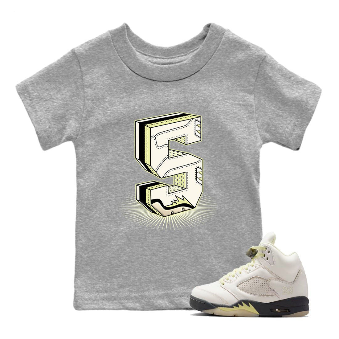 Sneaker match tees – Streetwear Graphic Tees Air Jordan 5 Luminous Green Sneakers – Number Statue Kids Craphic T-Shirt Heather Grey 1
