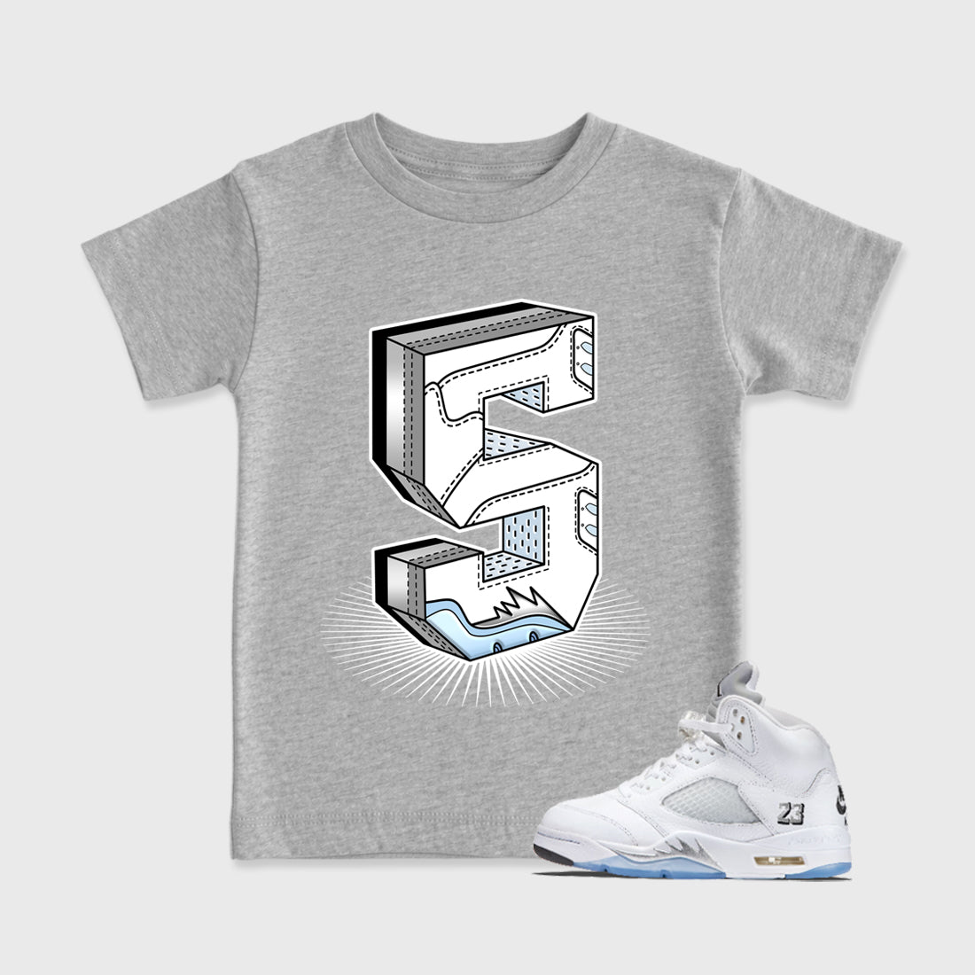 Sneaker match tees – Sneaker Tees To Match Air Jordan 5 White Metallic Shoes – Number Statue Kids T-Shirt Heather Grey 1
