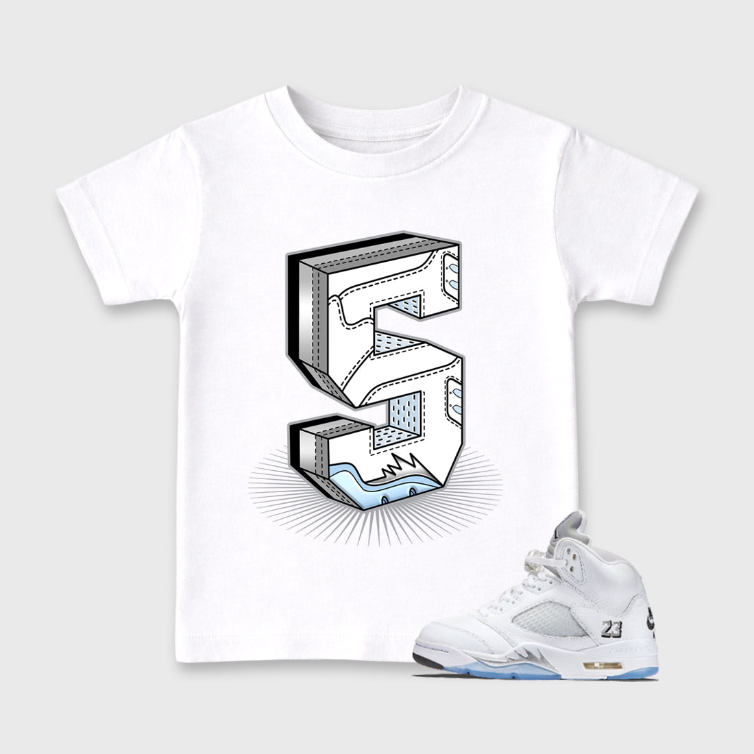 Sneaker match tees – Sneaker Tees To Match Air Jordan 5 White Metallic Shoes – Number Statue Kids T-Shirt White 1