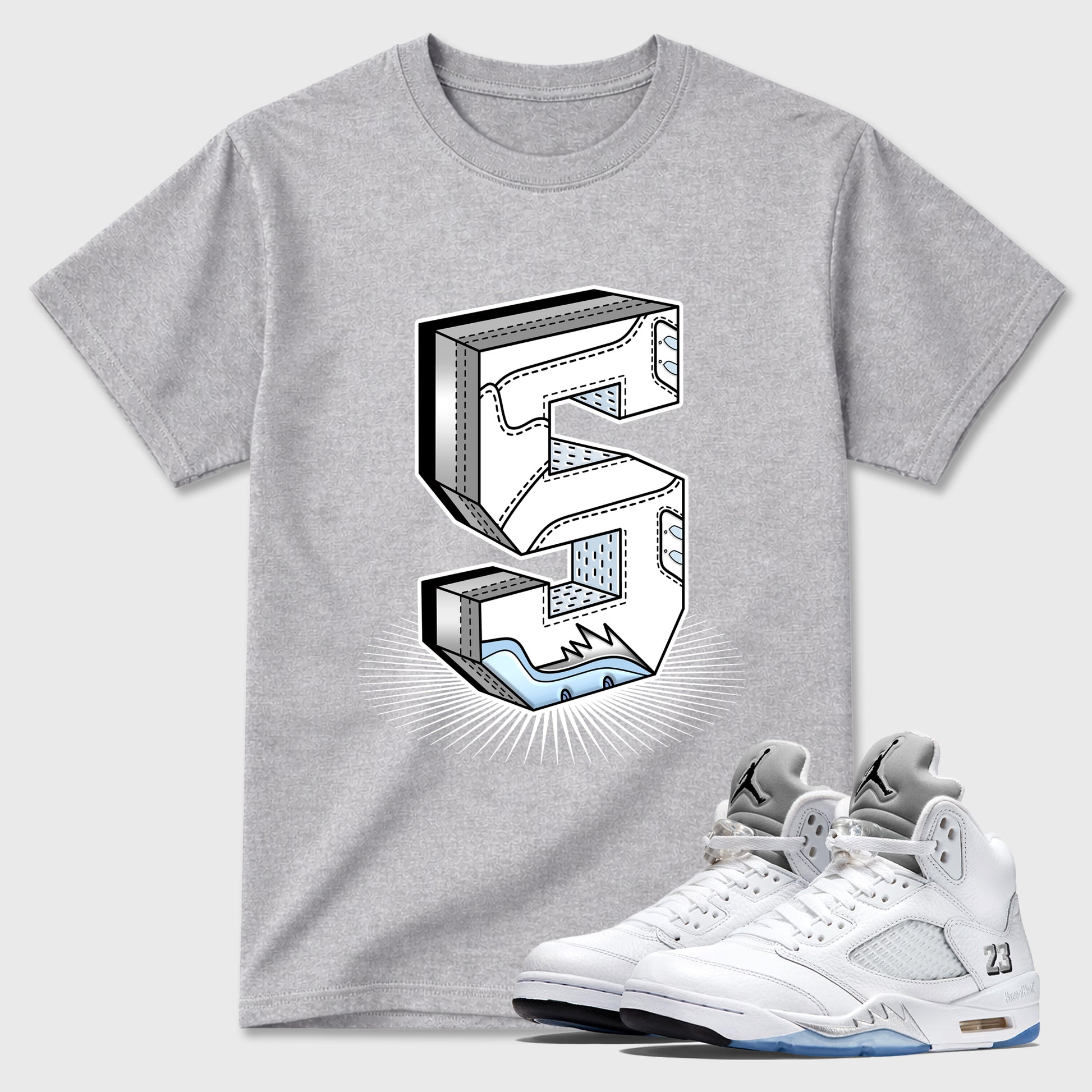 Sneaker match tees – Sneaker Tees To Match Air Jordan 5 White Metallic Shoes – Number Statue Tee Heather Grey 1