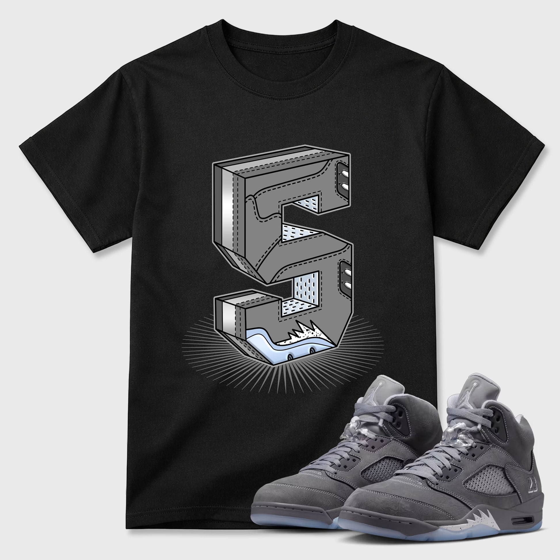 Sneaker match tees – Sneaker Tees To Match Air Jordan 5 Wolf Grey Shoes – Number Statue Tee Black 1