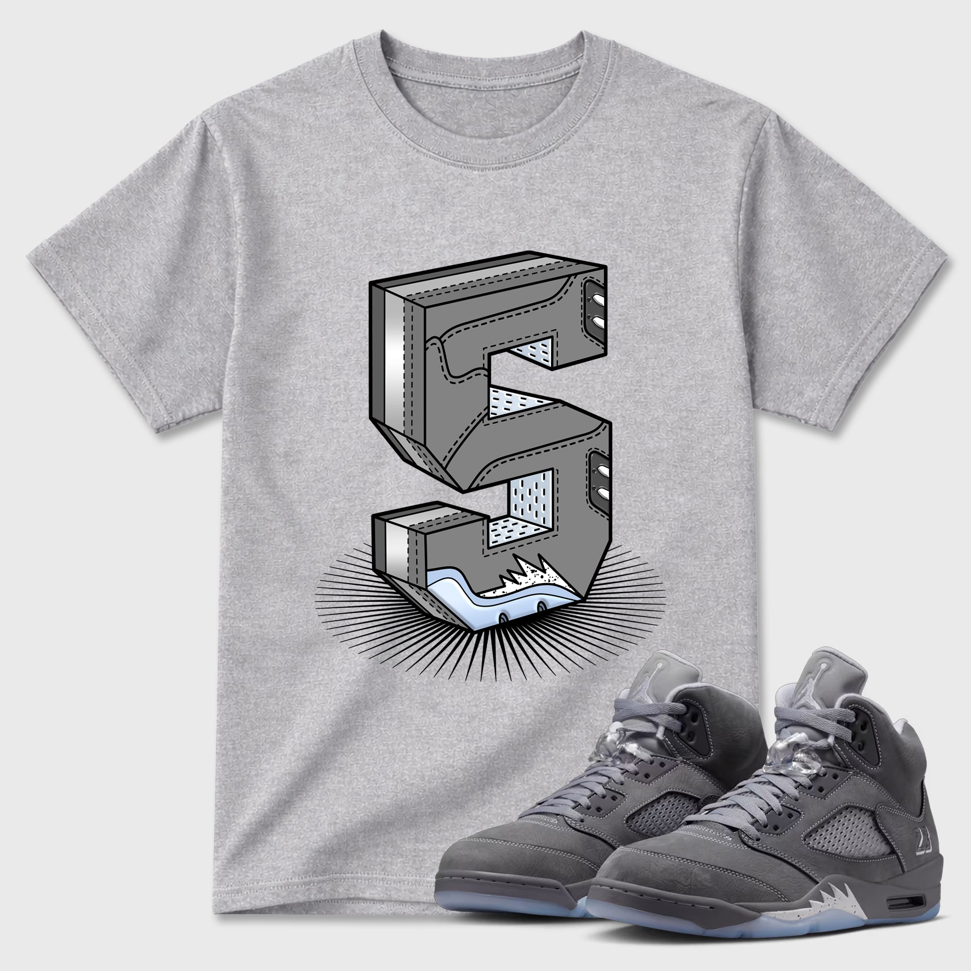 Sneaker match tees – Sneaker Tees To Match Air Jordan 5 Wolf Grey Shoes – Number Statue Tee Heather Grey 1