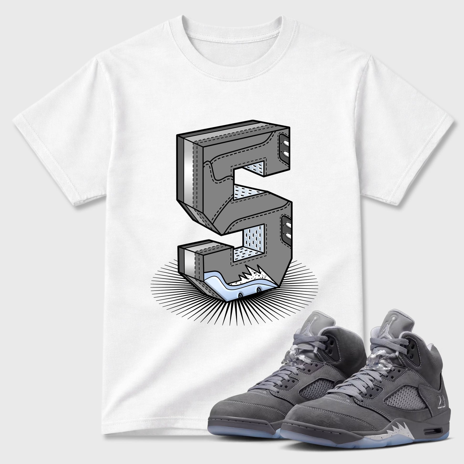 Sneaker match tees – Sneaker Tees To Match Air Jordan 5 Wolf Grey Shoes – Number Statue Tee White 1