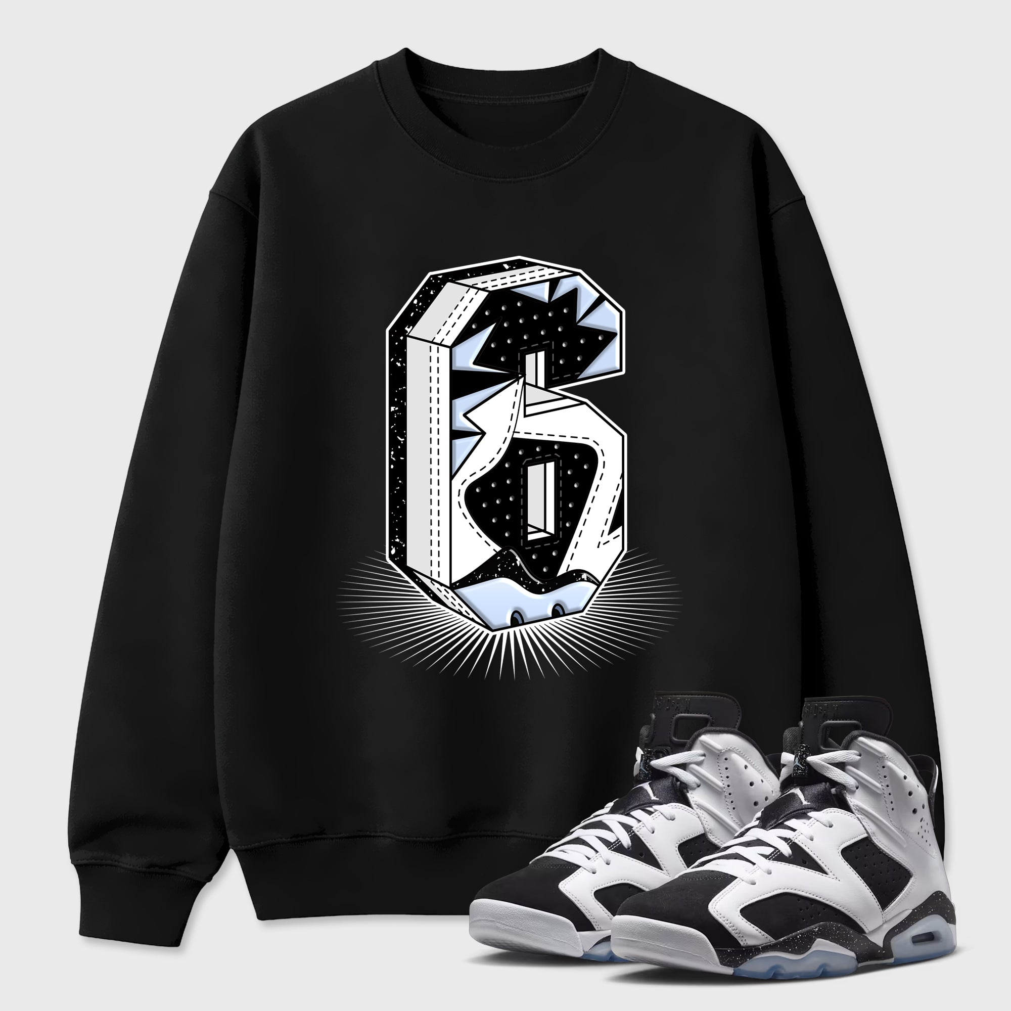 Number Statue Graphic T-Shirt featuring original streetwear artwork designed to match the Air Jordan 6 Black and White. Black 1 Graphic Tee.