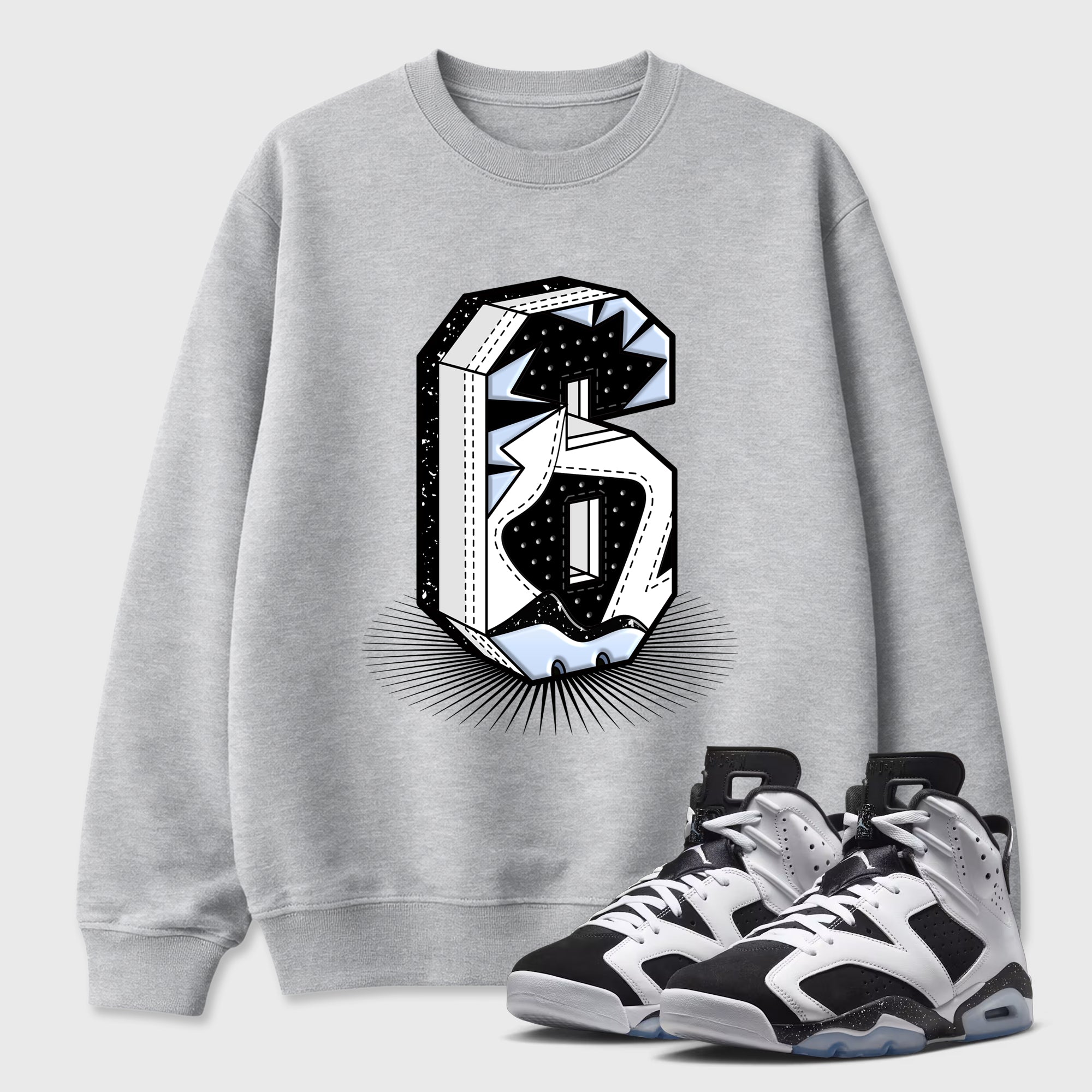 Number Statue Graphic T-Shirt featuring original streetwear artwork designed to match the Air Jordan 6 Black and White. Heather Grey 1 Graphic Tee.