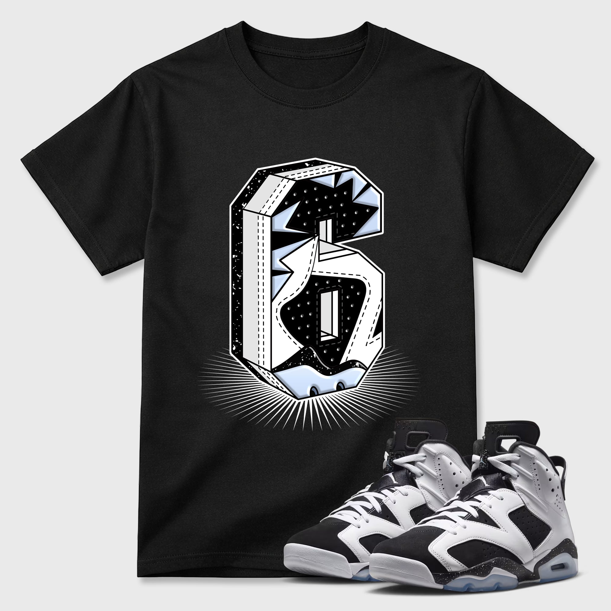Number Statue Graphic T-Shirt featuring original streetwear artwork designed to match the Air Jordan 6 Black and White. Black 1 Graphic T-Shirt.