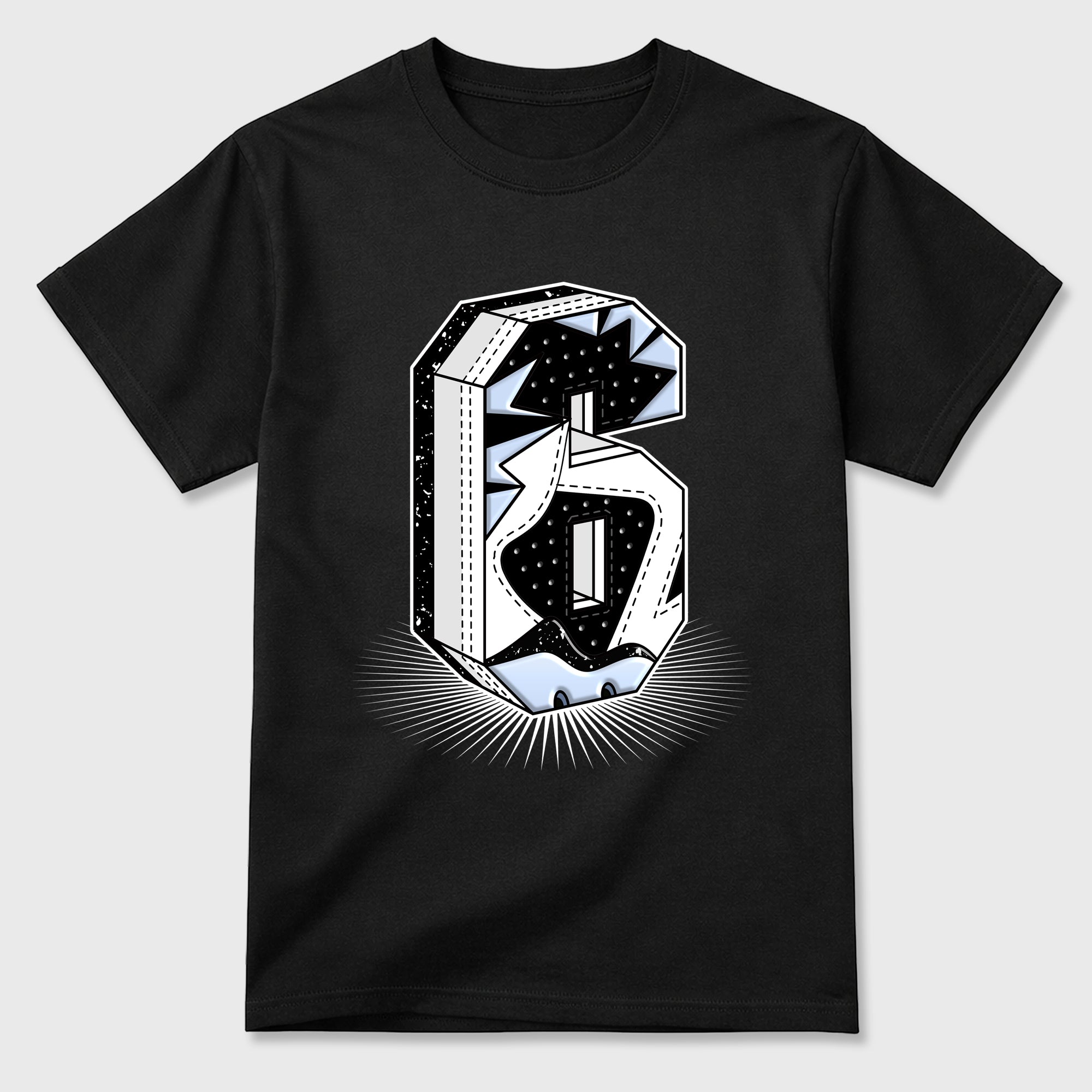Number Statue Graphic T-Shirt featuring original streetwear artwork designed to match the Air Jordan 6 Black and White. Black 2 Graphic T-Shirt.