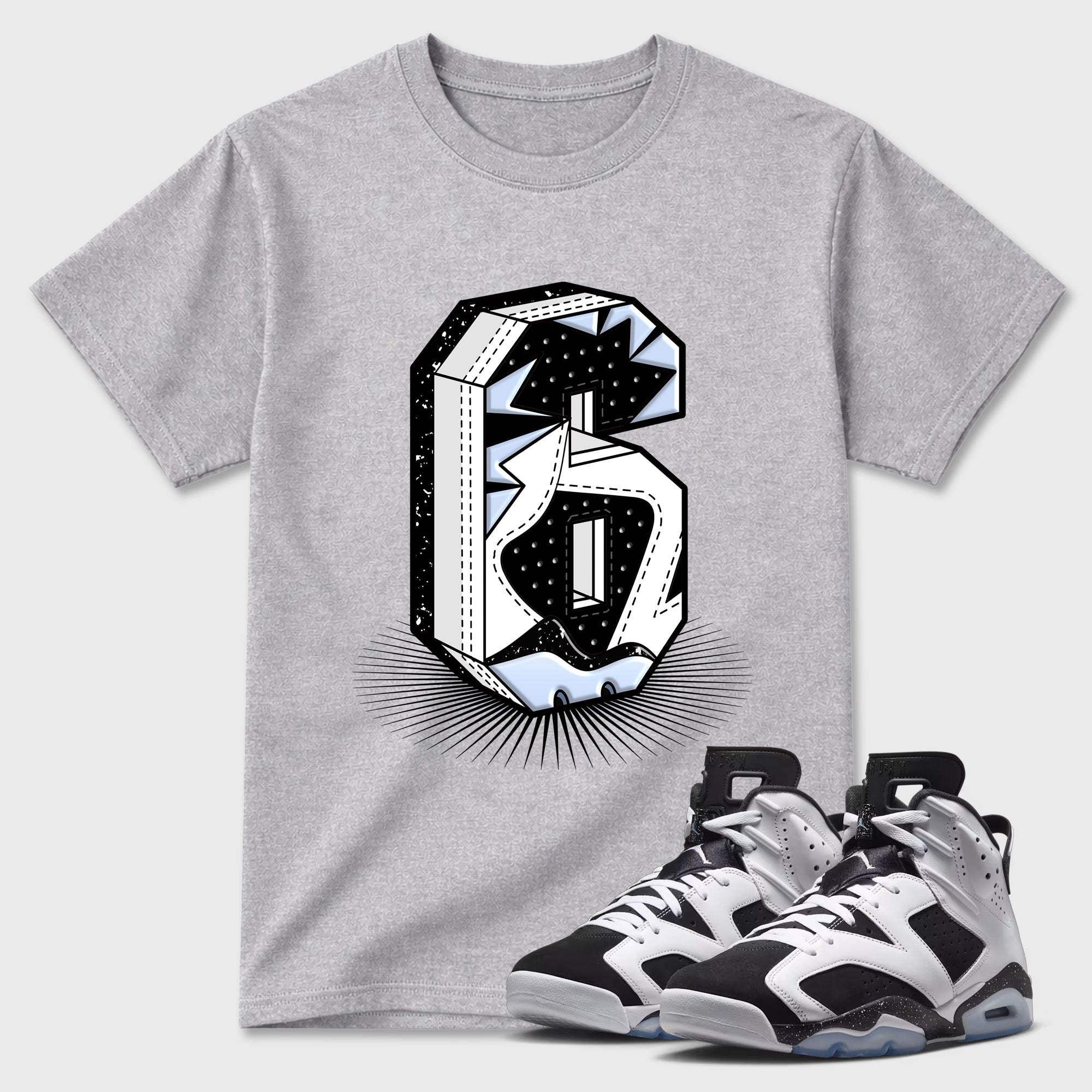 Number Statue Graphic T-Shirt featuring original streetwear artwork designed to match the Air Jordan 6 Black and White. Heather Grey 1 Graphic T-Shirt.